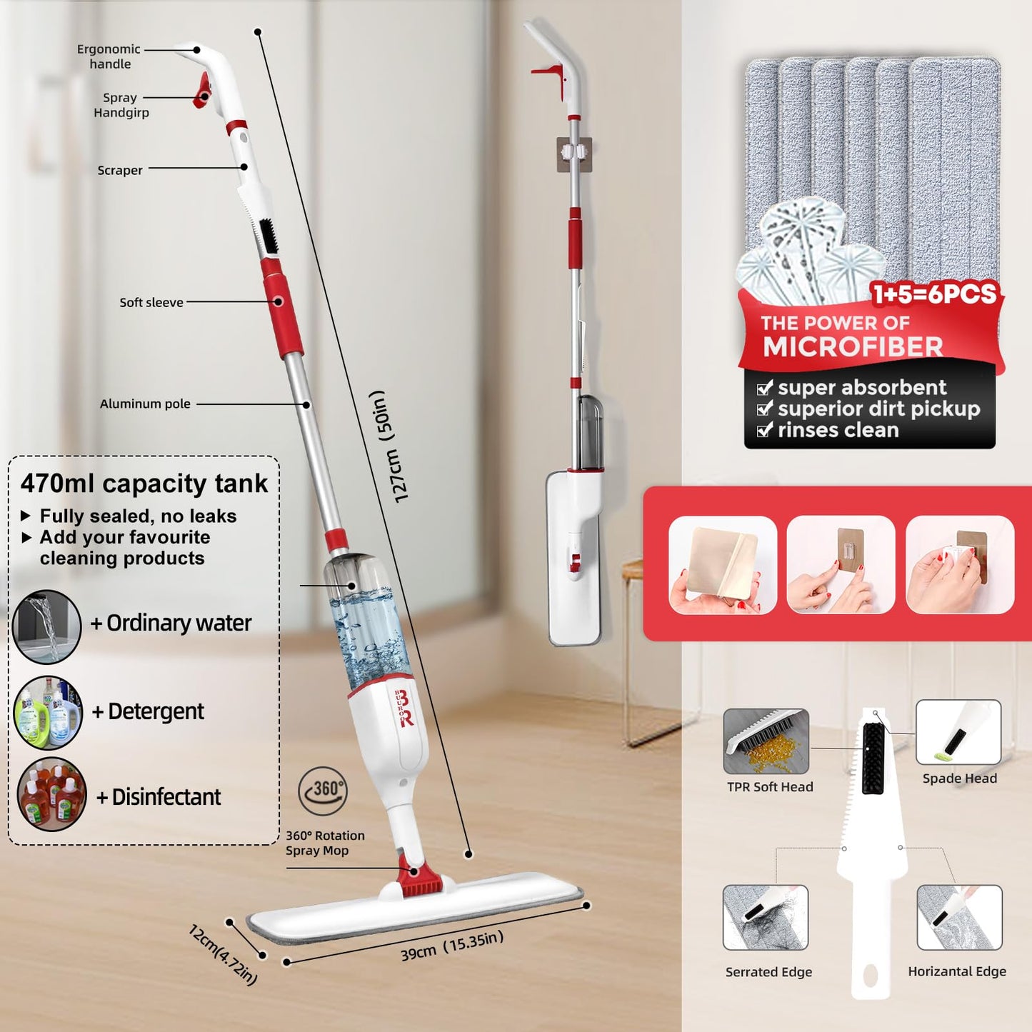 Microfiber Spray Mop Set with 6 Replacement Heads, 360 Degree Mop, Scraper, Holder, Bottle for Hardwood, Laminate, Ceramic Tiles, Kitchen, Wood Floor Dry, Wet, Dust Cleaning - Medaid International