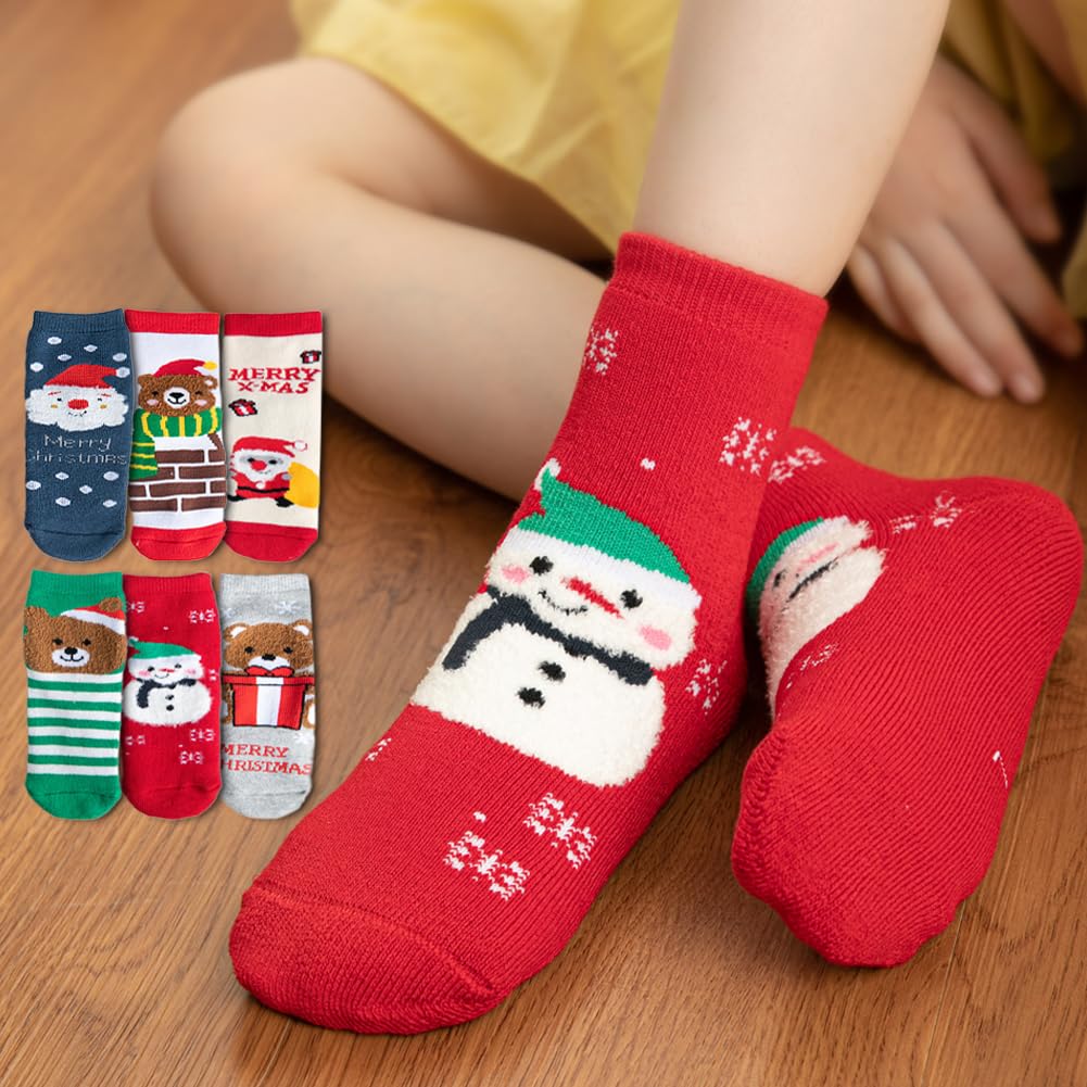 Yvinak Christmas Socks for Kids Toddlers - Xmas Holiday Crew Socks for Boys and Girls - Winter Warm Socks 6 Pairs - Medaid International