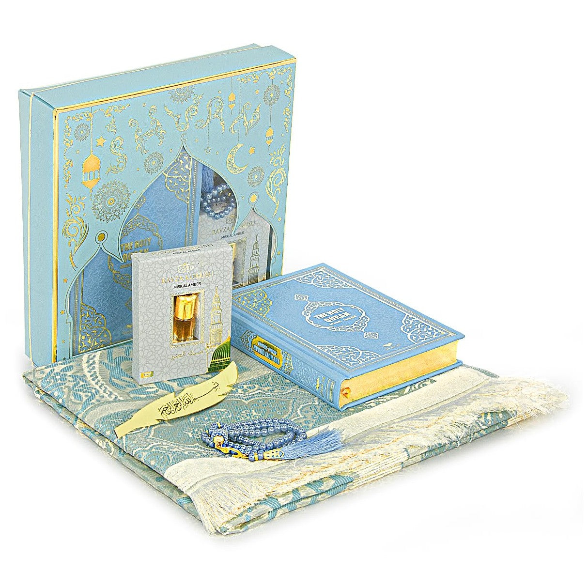 ihvan online Prayer Gift Set for Hajj and Umrah, Muslim Prayer Rug, Prayer Mat, Beads Taasbih, Holy Quran Translated English, Muslim Praying Mat, Islamic Gift Set for Ramadan & Eid, Blue - Medaid International
