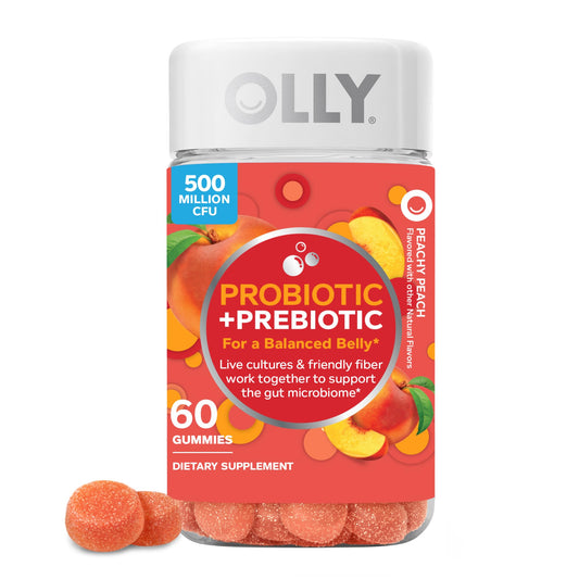 OLLY Probiotic + Prebiotic Gummy, Digestive Support and Gut Health, 500 Million CFUs, Fiber, Adult Chewable Supplement for Men and Women, Peach, 60 Day Supply - 60 Count - Medaid International