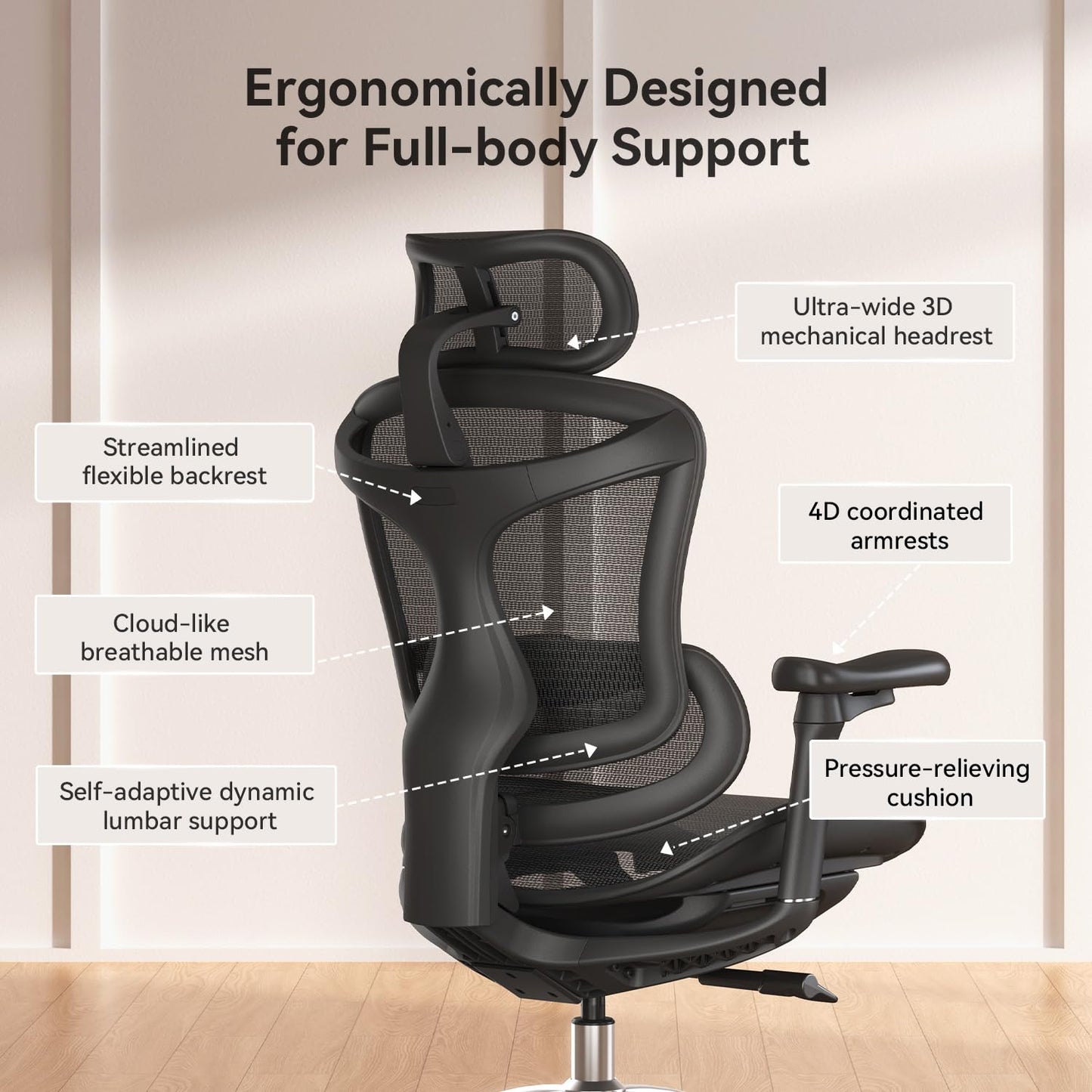 SIHOO Doro C300 Ergonomic Office Chair with Ultra Soft 3D Armrests, Dynamic Lumbar Support for Home Office Chair, Adjustable Backrest Desk Chair, Swivel Big and Tall Computer Chair Black - Medaid International