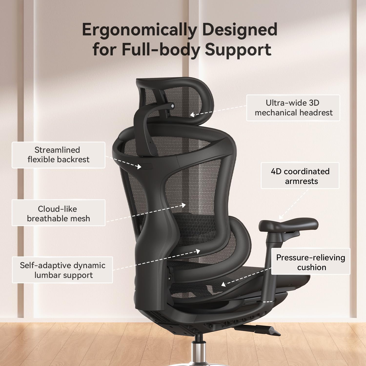 SIHOO Doro C300 Ergonomic Office Chair with Ultra Soft 3D Armrests, Dynamic Lumbar Support for Home Office Chair, Adjustable Backrest Desk Chair, Swivel Big and Tall Computer Chair Black - Medaid International