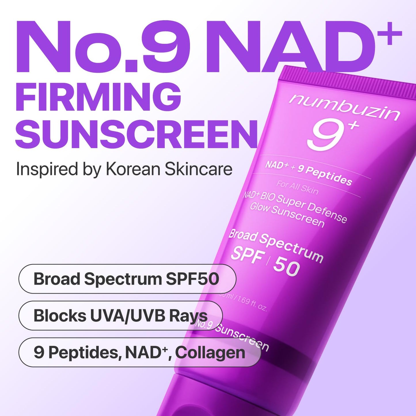 numbuzin No.9 Sunscreen | Super Defense Glow Sunscreen | Broad Spectrum SPF 50 | For All Skin Types & Skin Tones | Glowing, Dewy Finish, Water-Resistant | No White Cast, Korean Skincare | 1.69 fl. oz. - Medaid International