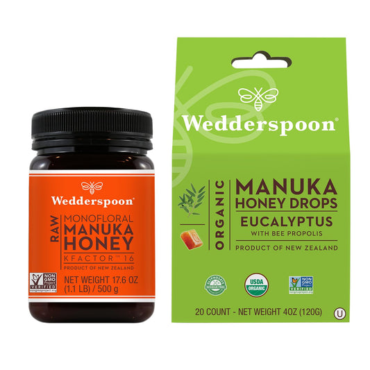 Wedderspoon Raw Premium Manuka Honey KFactor 16+, Unpasteurized, Genuine New Zealand Honey, Eucalyptus + Bee Propolis, Unpasteurized, Genuine New Zealand Honey, Perfect Remedy For Dry Throat - Medaid International