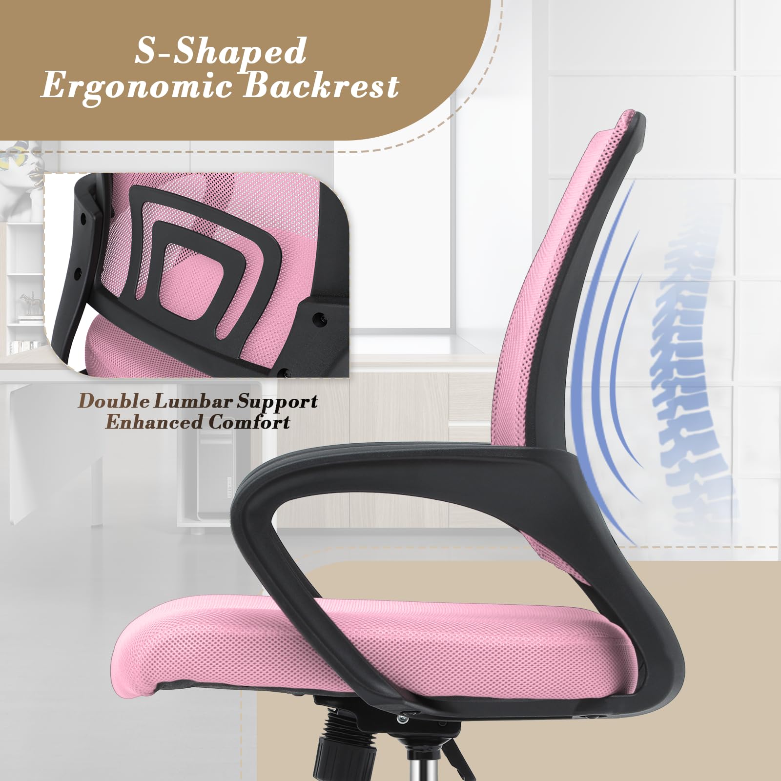 Athena Collection Computer Office Chair, Ergonomic Desk Chair with Rolling Wheels, Mesh Back Support and Height Adjustable, Small and Comfy for Home Office, Study, Pink - Medaid International