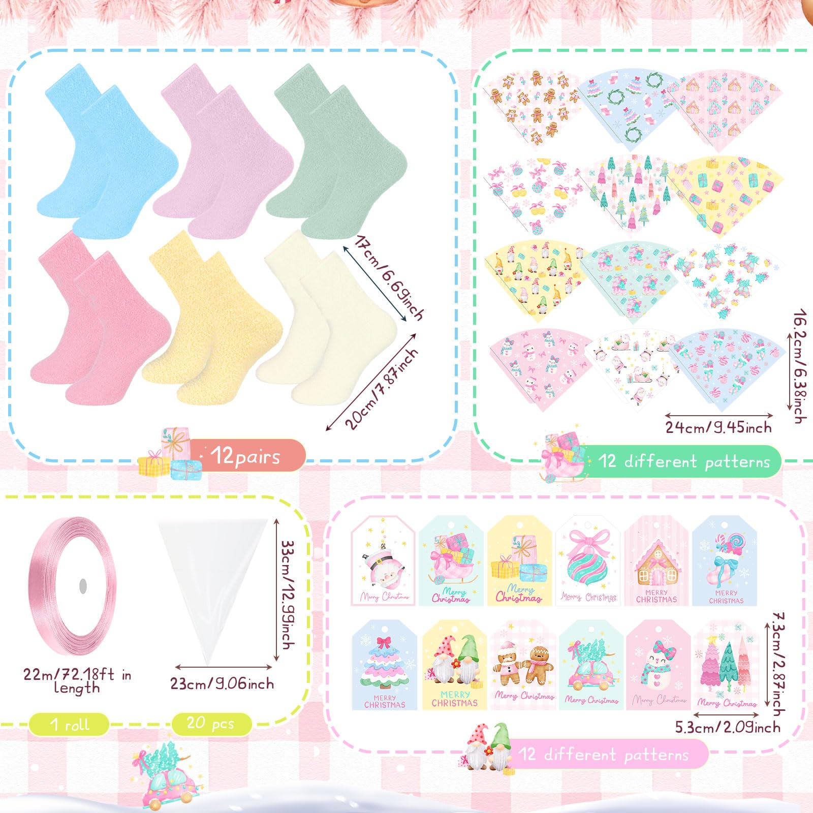 JenPen 12 Sets Funny Christmas Socks Gift for Women Novelty Cozy Ice Cream Warm Pink Christmas Fuzzy Socks with Card Ribbon Wrapping Bags Boho Xmas Holiday Stocking Stuffers Gift for Winter Holiday - Medaid International