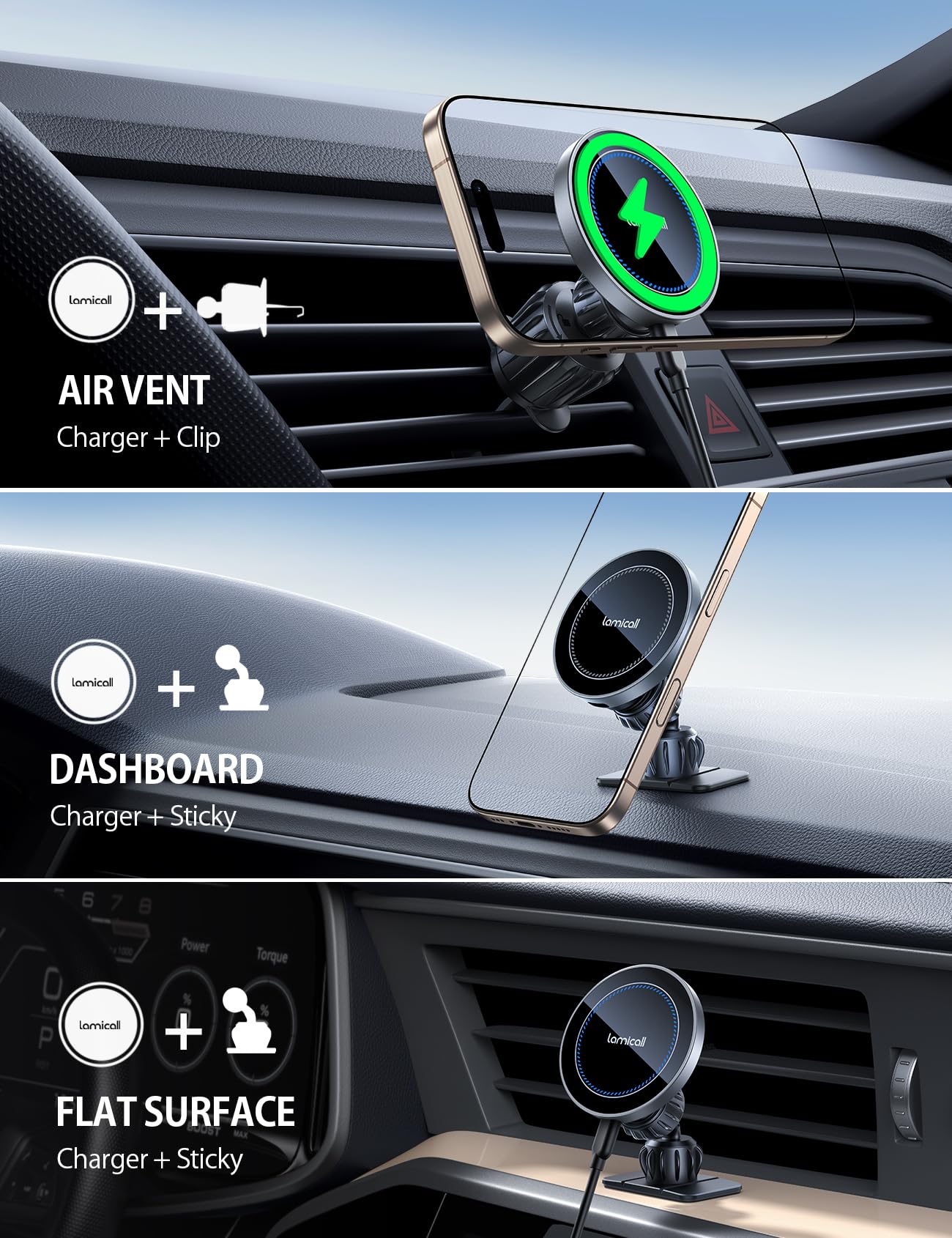Lamicall 15W Wireless Car Mount Charger - [3-in-1 Upgraded Intelligent Chip] 360° Wireless Car Phone Holder Vent Dashboard Magnetic Car Charger for iPhone 16 Pro Max Silver - Medaid International