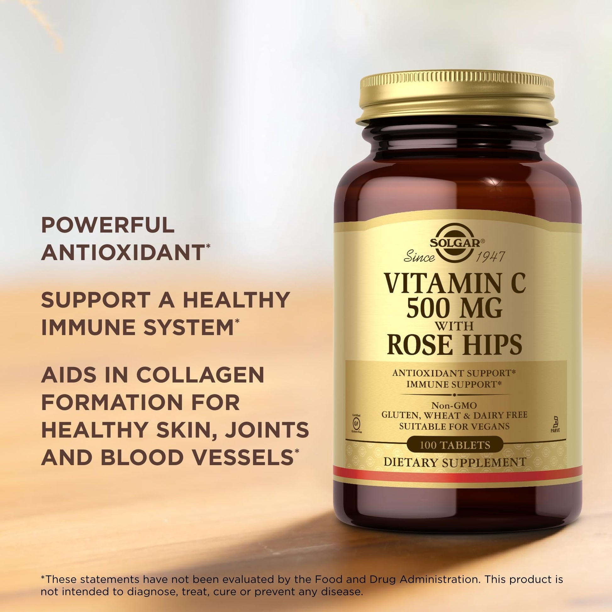 Solgar Vitamin C 500 mg with Rose HIPS, 100 Tablets - Antioxidant & Immune Support - Overall Health - Supports Healthy Skin & Joints - Non-GMO, Vegan, Gluten Free, Dairy Free, Kosher - 100 Servings - Medaid International