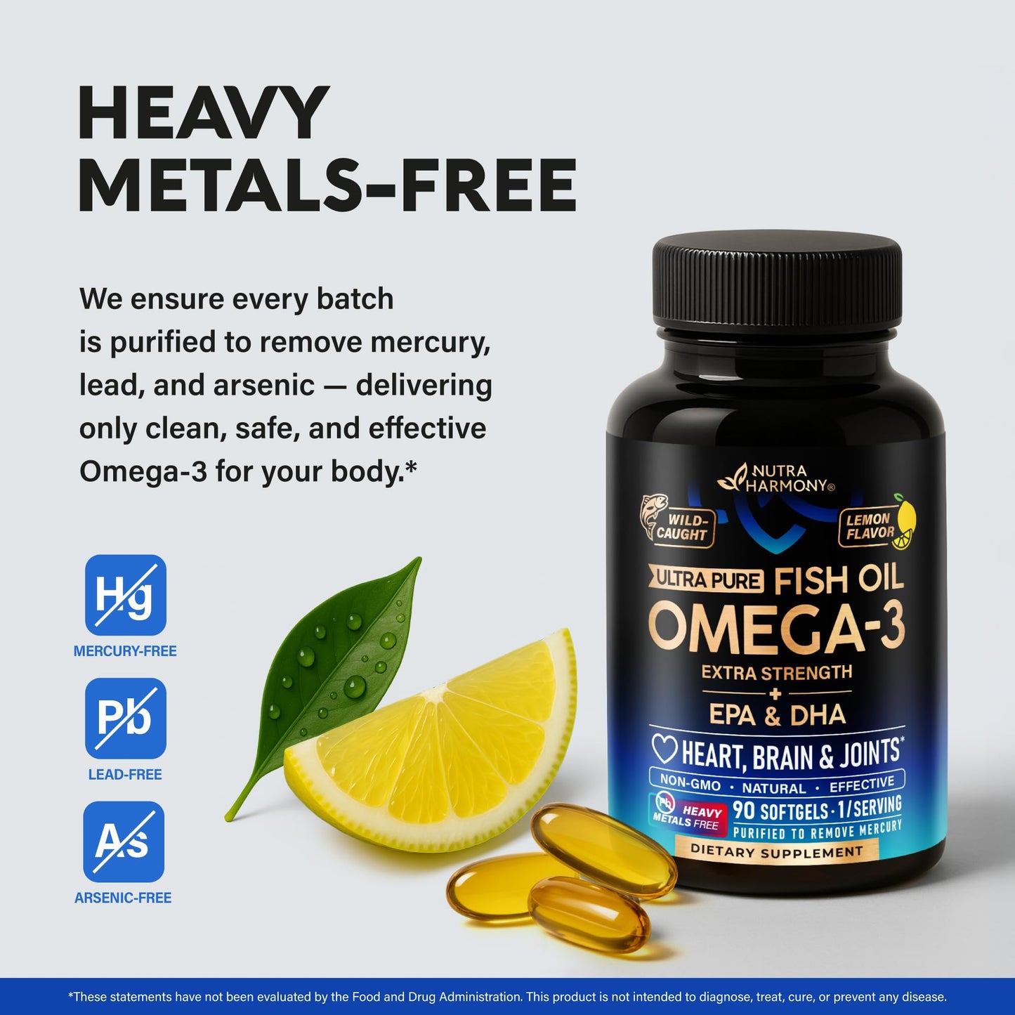 Omega 3 Fish Oil 3600 mg - Omega 3 Supplement | EPA & DHA - Heavy Metals Free - Heart, Brain & Joint Support - Purified Fish Oil for Men & Women - Lemon Flavored - Made in USA, 90 Softgels - Medaid International