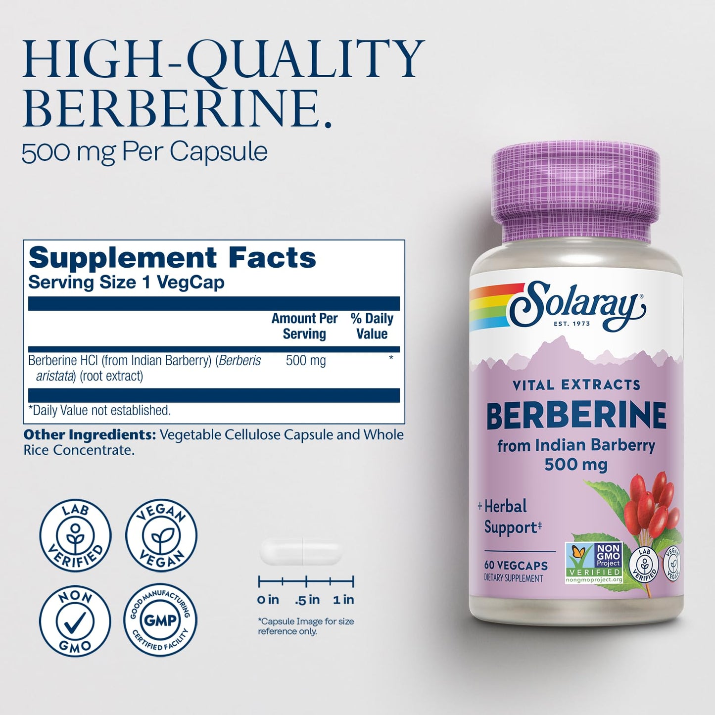 SOLARAY Berberine 500mg - Berberine Supplement for a Healthy, Active Lifestyle - with Berberine HCl from Indian Barberry - Vegan, Non-GMO, 60-Day Guarantee, Lab Verified - 60 Servings, 60 VegCaps - Medaid International
