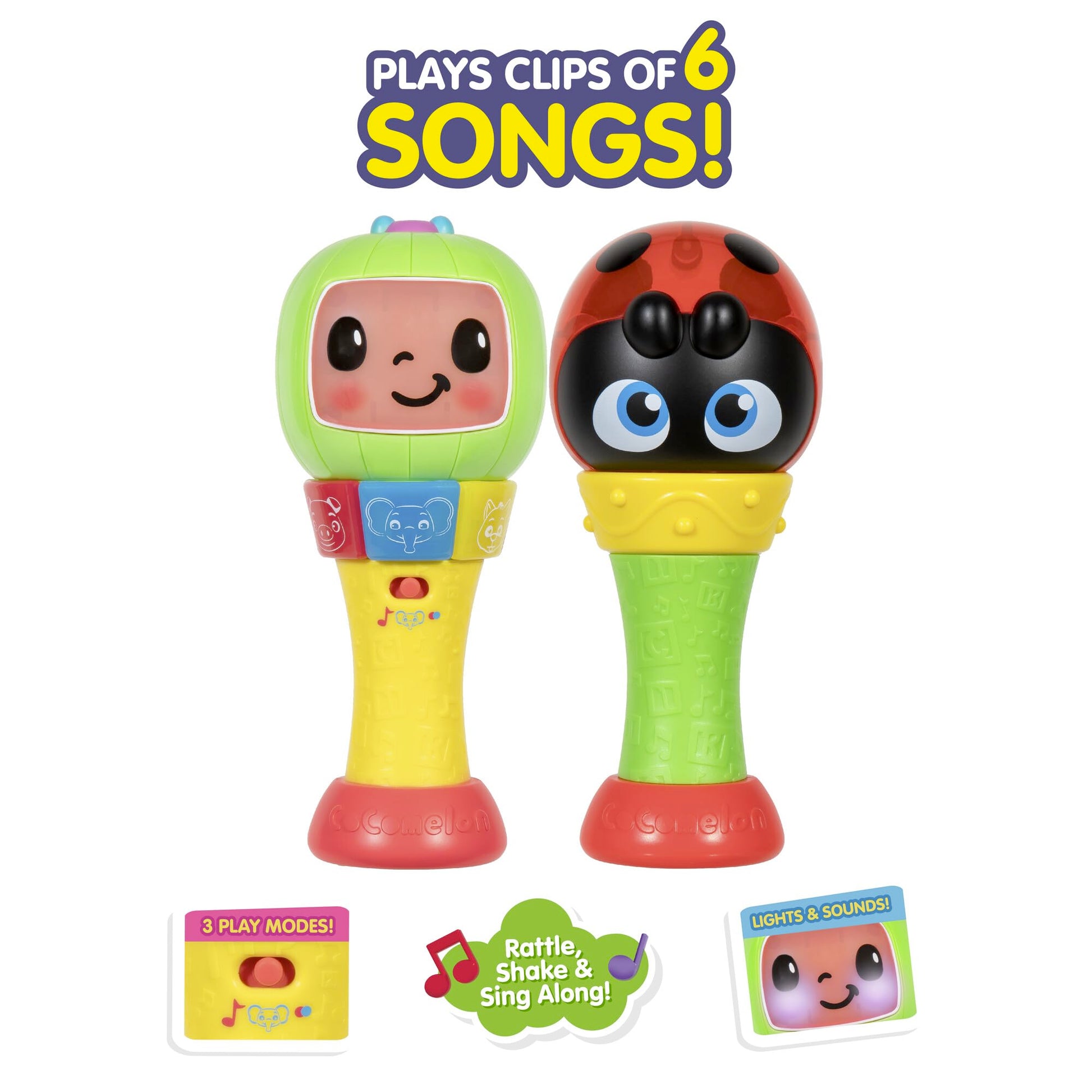 CoComelon Sing ‘n Play Maracas, 3 Play Modes - Plays 6 Fan Favorite Song Clips, Learn Animal Sounds and Colors - Lights Up - Two Maracas - Musical Instruments for Kids, Toddlers, and Preschoolers - Medaid International