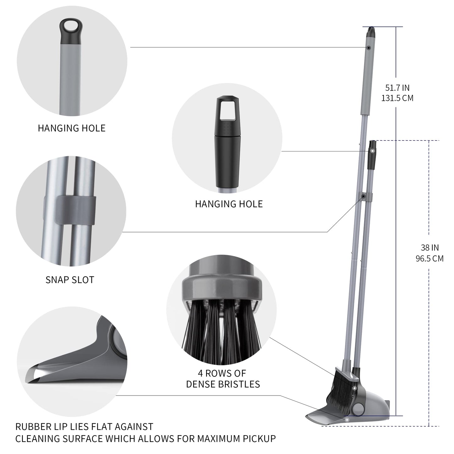 MR.SIGA Broom and Dustpan Set with Adjustable Long Handle, Upright Combo for Floor, Cleaning Lobby, Gray - Medaid International