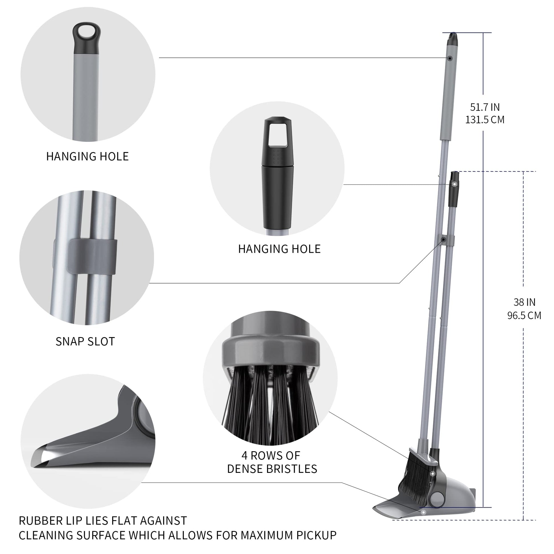 MR.SIGA Broom and Dustpan Set with Adjustable Long Handle, Upright Combo for Floor, Cleaning Lobby, Gray - Medaid International