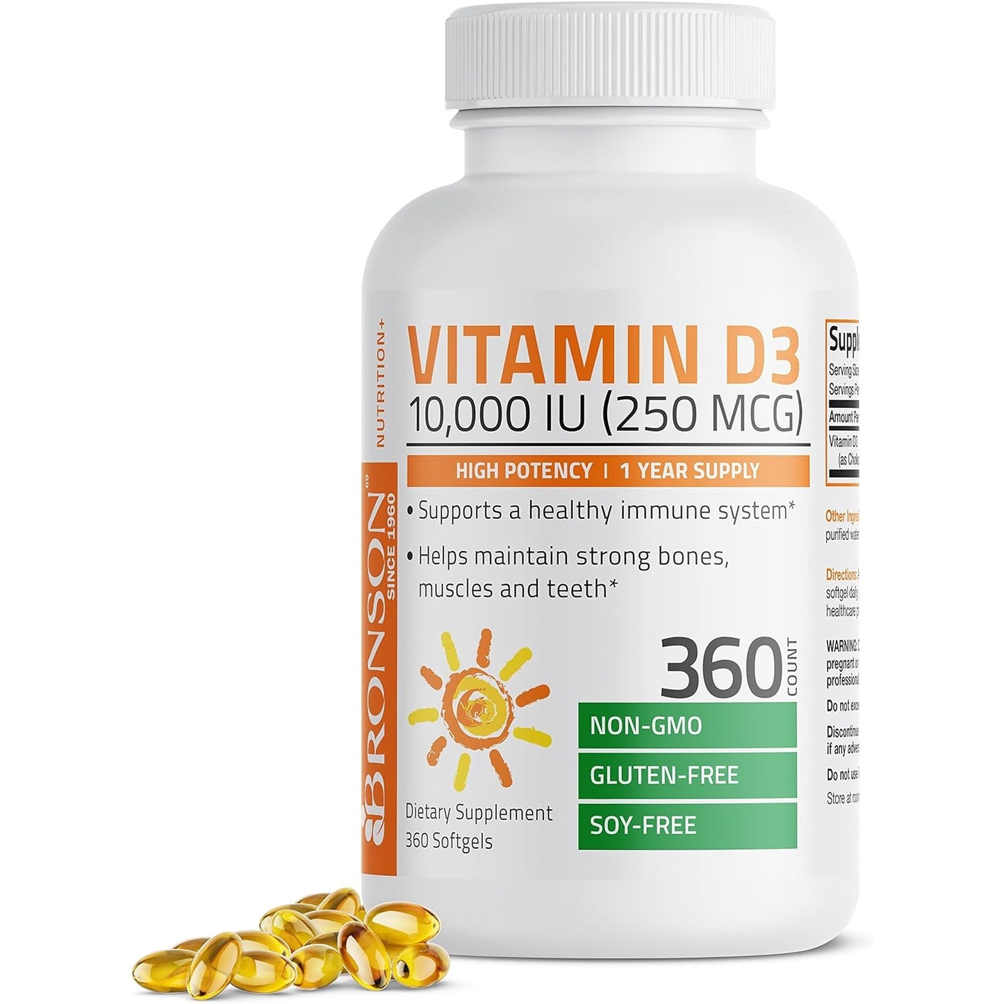 Bronson Vitamin D3 10,000 IU (250 mcg) High Potency - Supports Healthy Immune System, Strong Bones, Muscles & Teeth - Non GMO, 360 Softgels (1 Year Supply) - Medaid - Lebanon