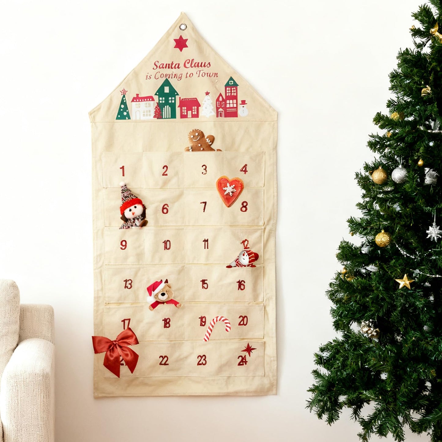 DN DECONATION Hanging Advent Calendar 24 Pockets Fabric Christmas Countdown Decor for Wall Home Door Fireplace Xmas Gift (Red) - Medaid International