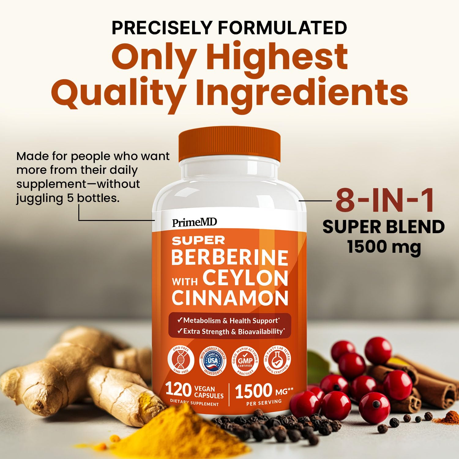 Super Berberine Supplement with Ceylon Cinnamon, BioPerine, Apple Cider, and Turmeric 1500mg - 8-in-1 Dihydroberberine Supplement for Overall Wellness and Balance Support, 120 ct - Medaid International