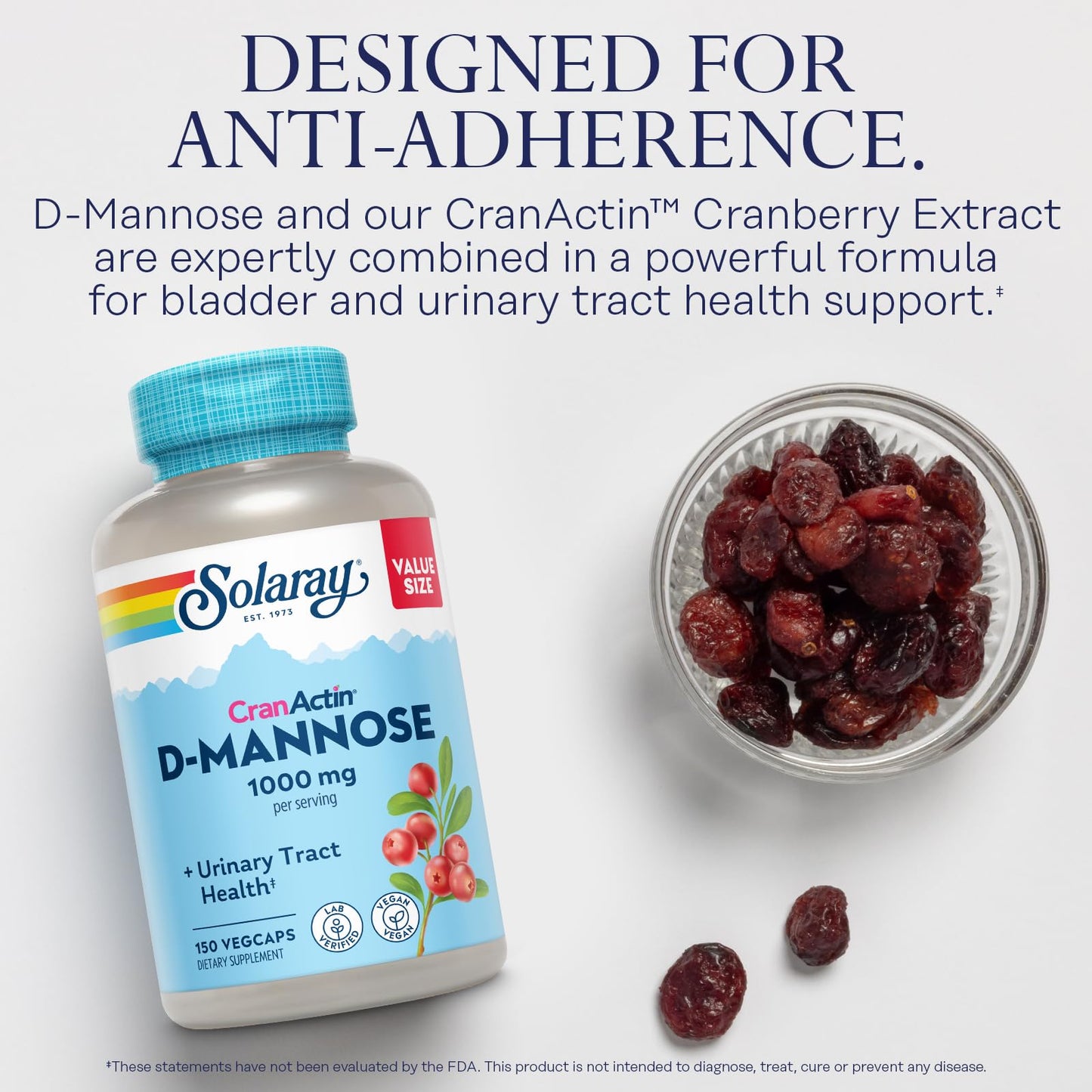 Solaray D-Mannose 1000mg with CranActin Cranberry Supplement 400mg, Urinary Tract Health & Bladder Support Capsules with Vitamin C, Vegan, 60 Day Guarantee, 75 Servings, 150 VegCaps - Medaid International