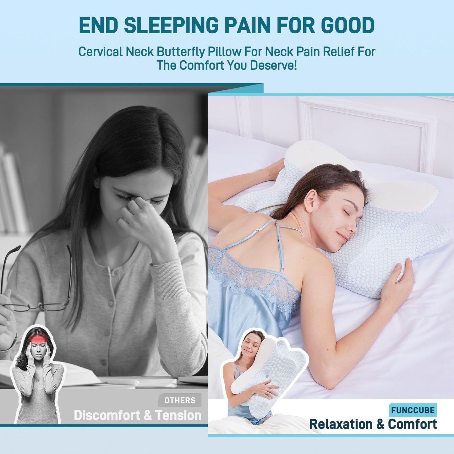 FUNCCUBE Cervical Neck Pillow - Memory Foam Pillow for Pain Relief Sleeping, Ergonomic Neck Support Contour Pillows for Side Back Stomach Sleepers,Orthopedic Breathable Pillowcase (Blue White) - Medaid International