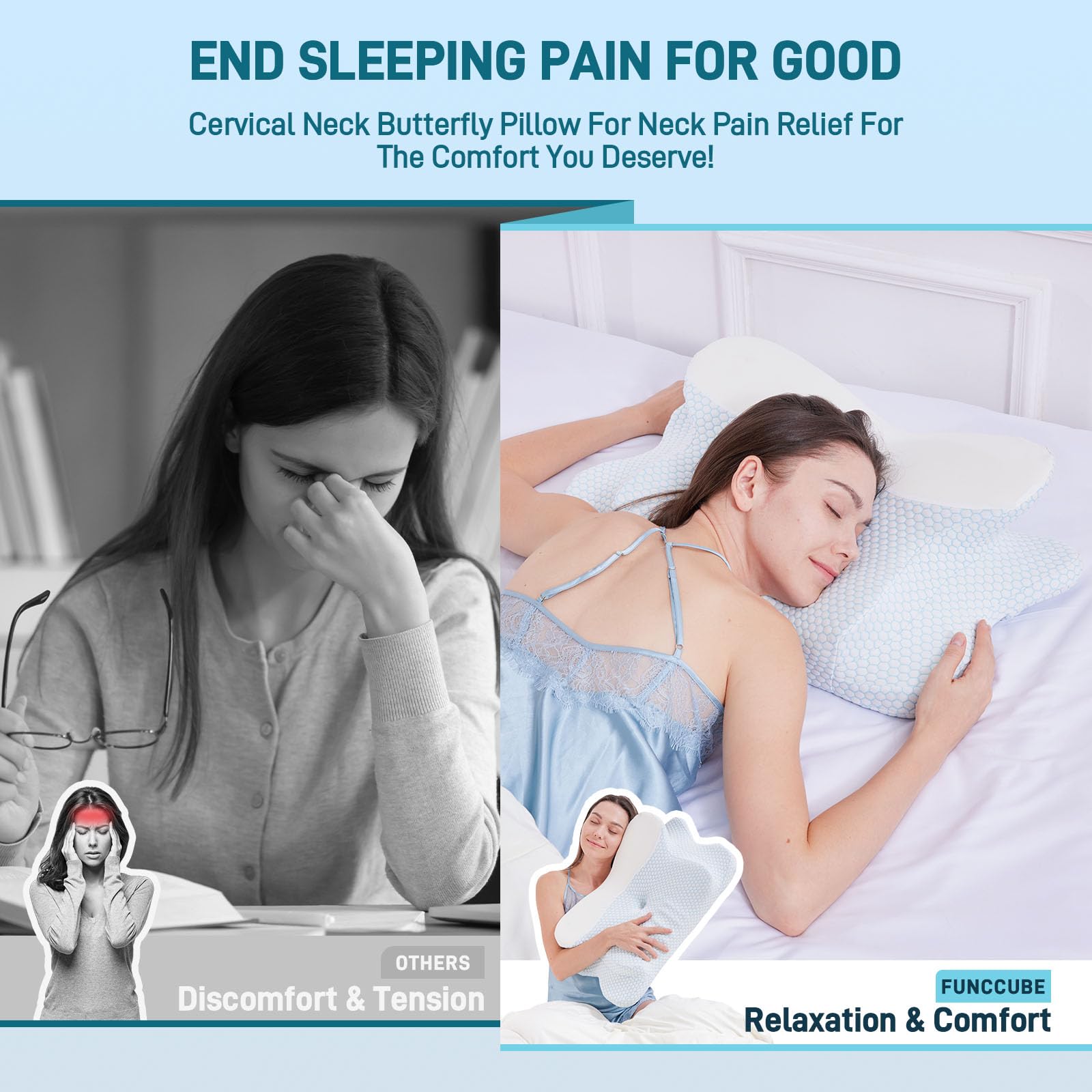 FUNCCUBE Cervical Neck Pillow - Memory Foam Pillow for Pain Relief Sleeping, Ergonomic Neck Support Contour Pillows for Side Back Stomach Sleepers,Orthopedic Breathable Pillowcase (Blue White) - Medaid International