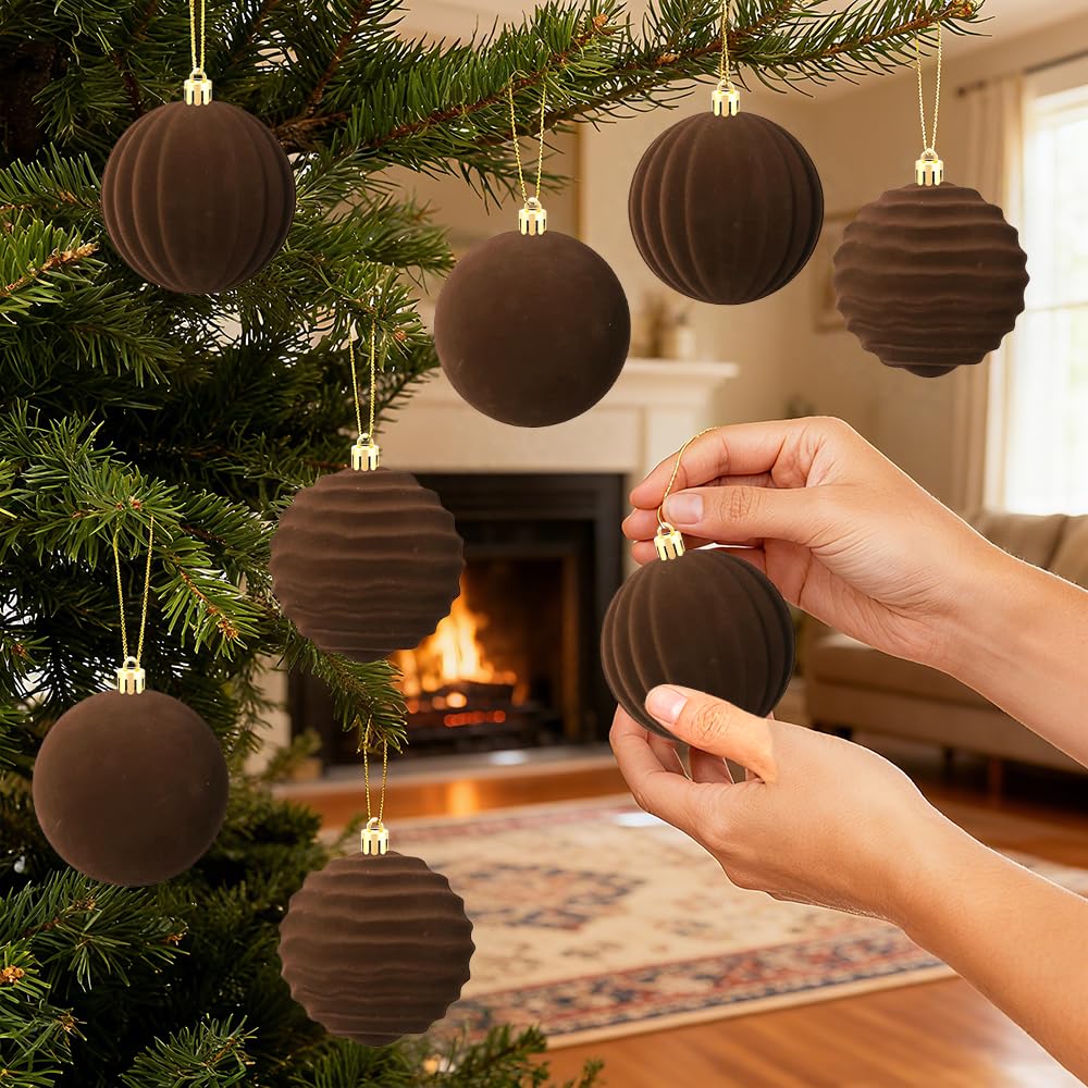 4Pcs Brown Christmas Ball Ornaments, Velvet Spiral Hanging Decor for Xmas Tree, Holiday for Birthday Halloween Holiday Wedding Home Decorations - Medaid International
