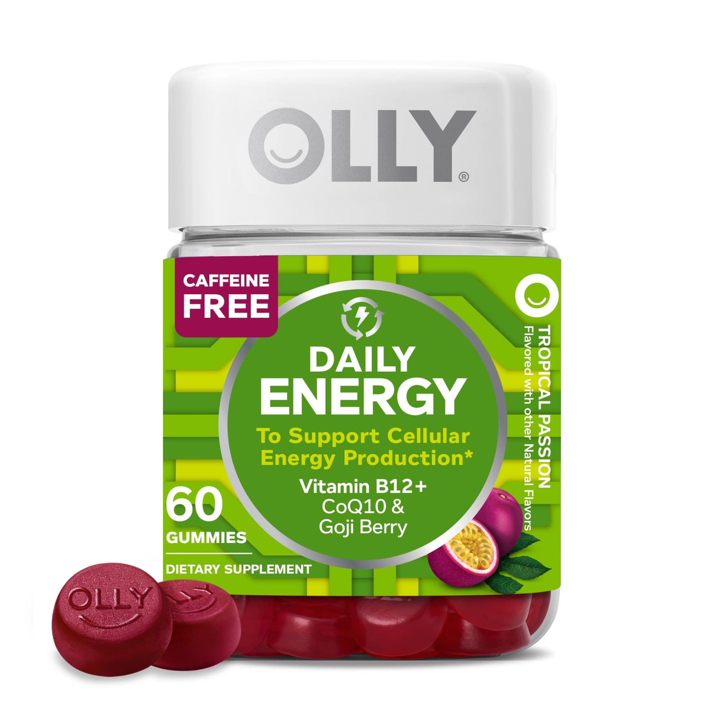 OLLY Daily Energy Gummy, Caffeine Free, Vitamin B12, CoQ10, Goji Berry, Adult Chewable Supplement, Tropical Flavor - 60 Count - Medaid International