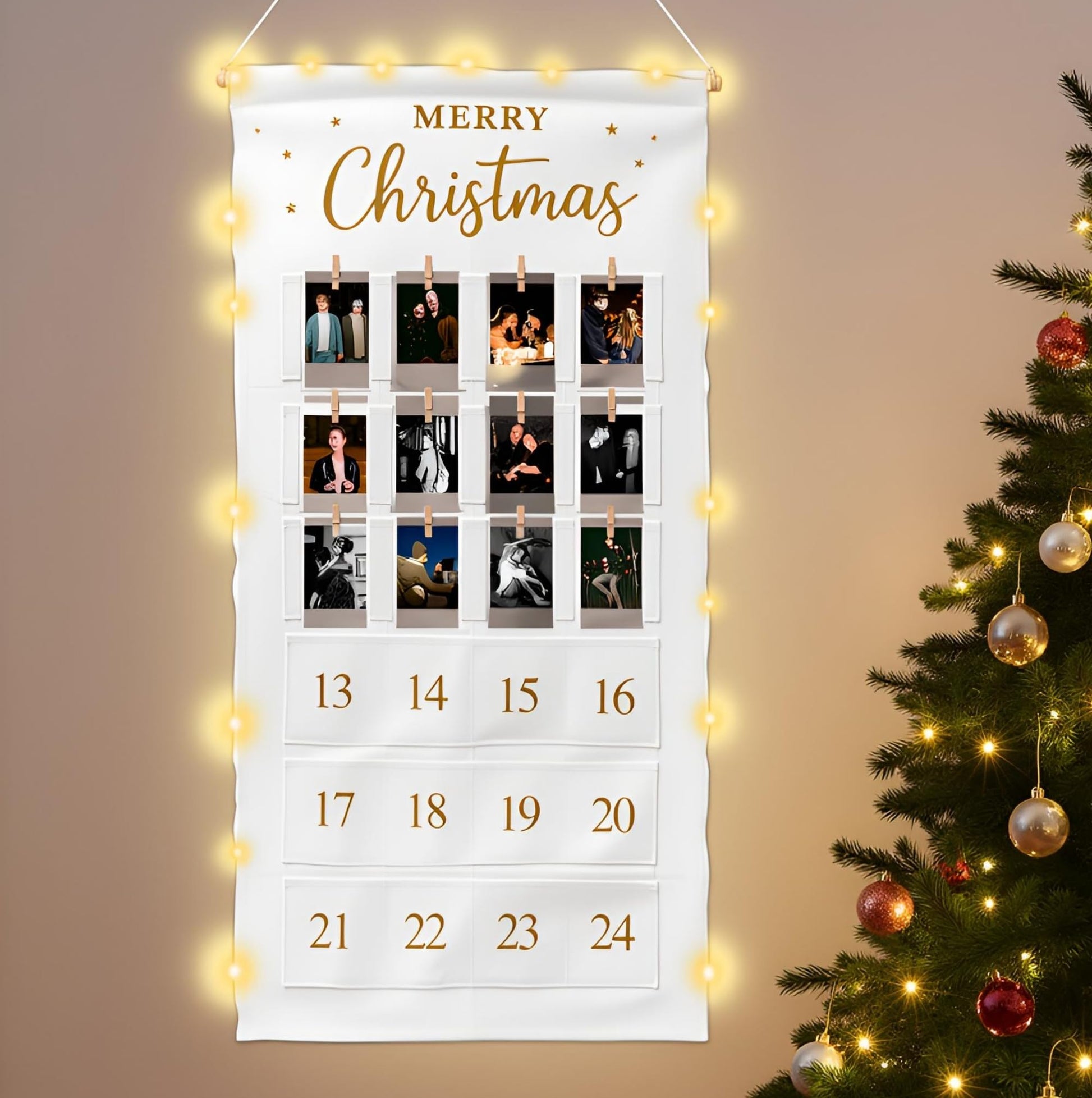 Christmas Picture Countdown Board Photo Advent Calendar with Pockets Reusable Photo-Display Collage Board for Festival Memory Countdown - Medaid International