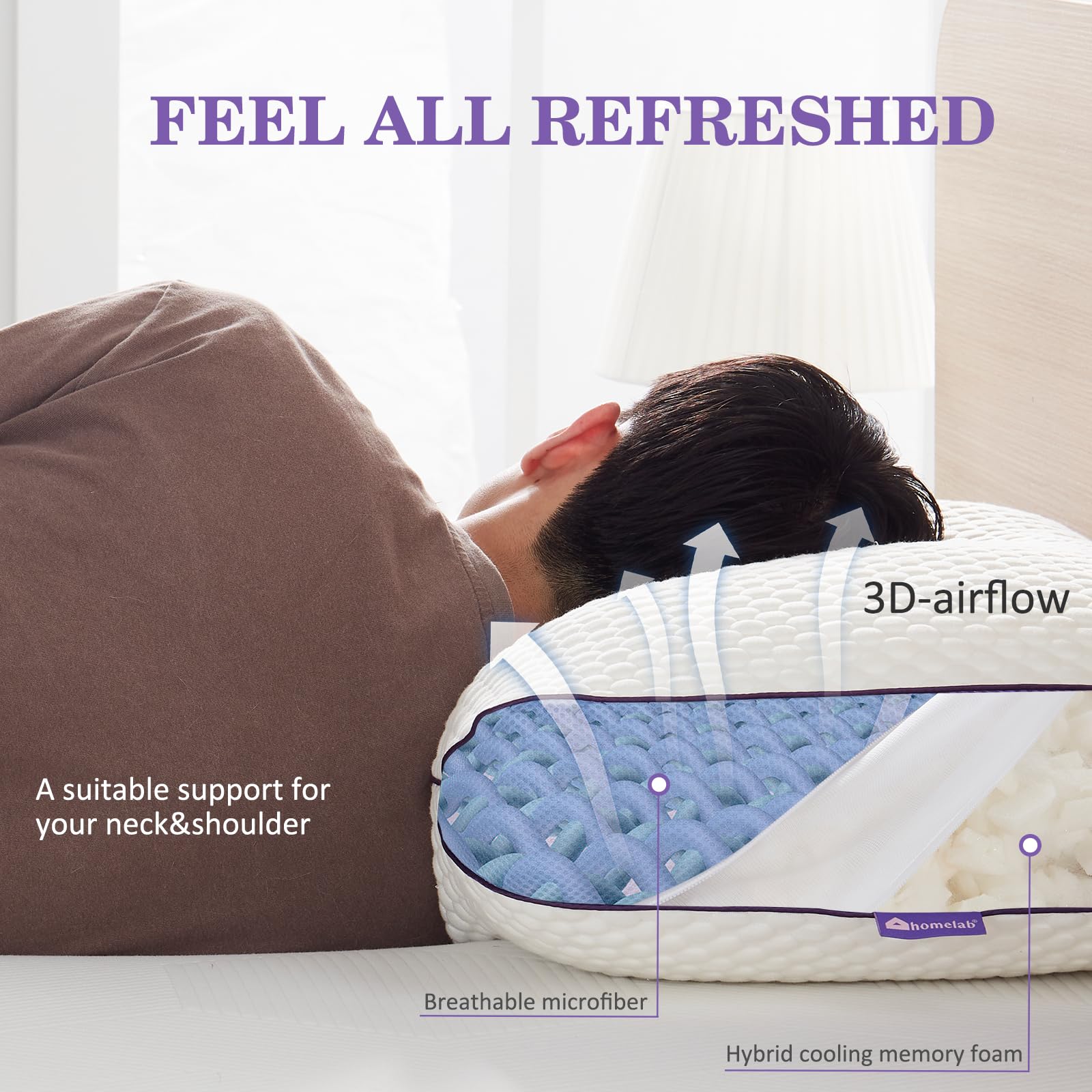 HOMELAB Adjustable Shredded Memory Foam Pillow Queen Size, Cooling Bed Pillow for Sleeping with Removable Cover, Medium Pillow for Side Stomach & Back Sleepers, 1 Pack 20"x28" - Medaid International