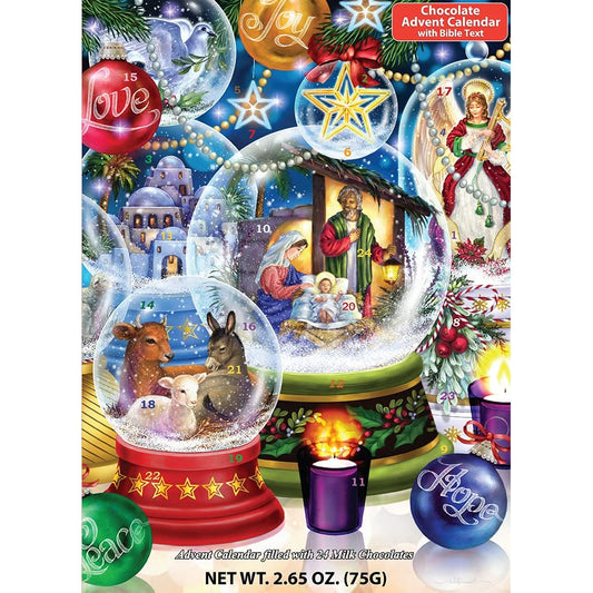Nativity Snow Globes Chocolate Advent Calendar with Nativity Story (Countdown to Christmas) - Medaid International
