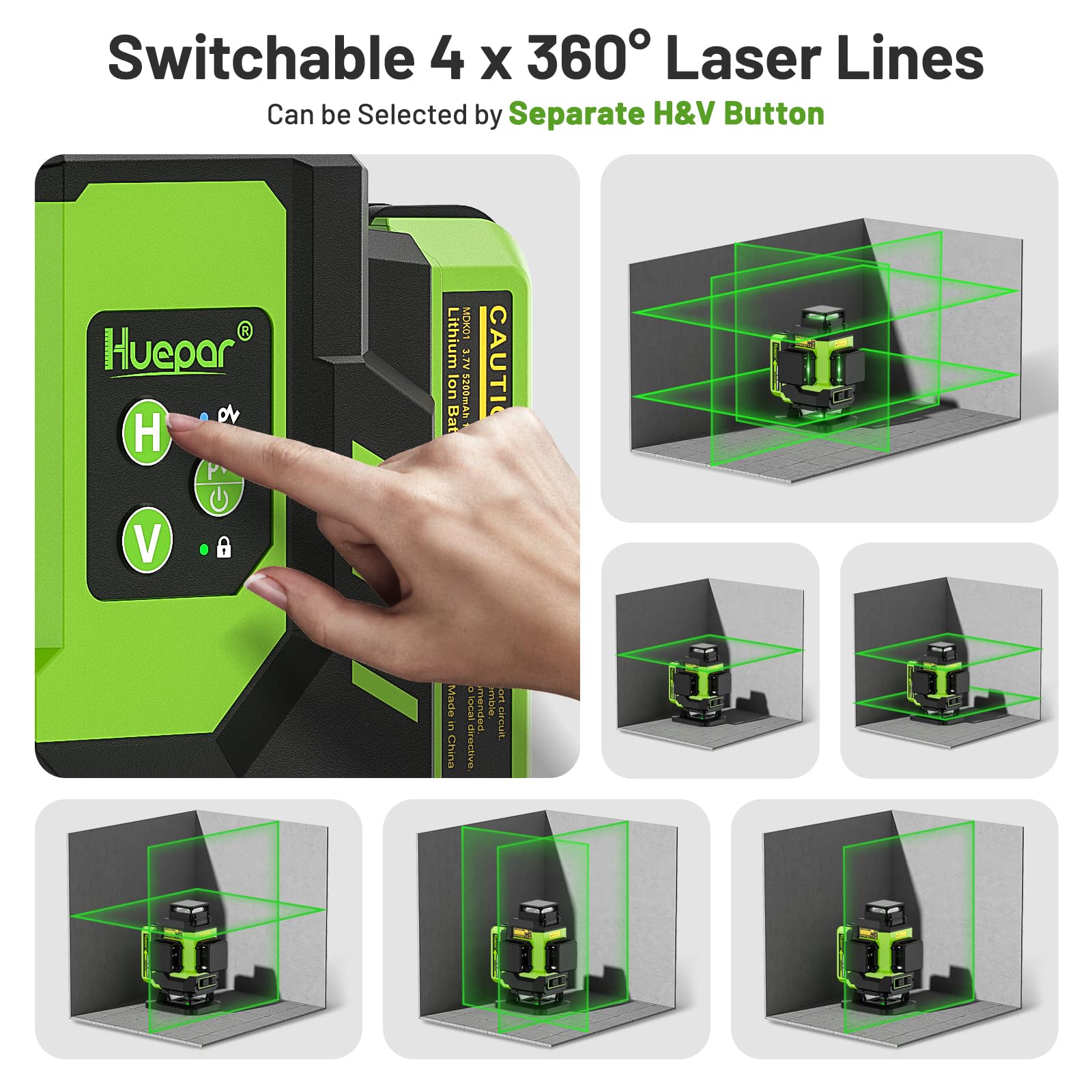 Huepar Laser Level, Self-leveling 16 Lines Green Beam 4D Cross Line Tiling Floor Laser Tool-2 x 360 Horizontal & 2 x 360 Vertical Laser Lines with Two Li-ion Batteries and Hard Carry Case-LS04CG - Medaid International