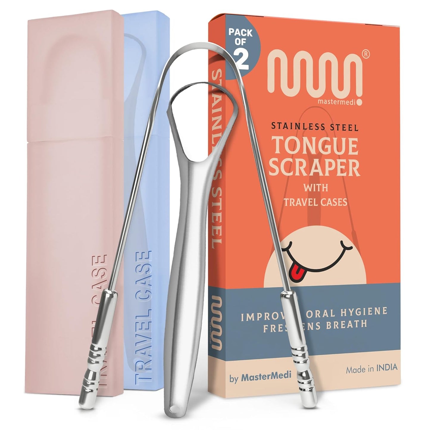 MasterMedi Tongue Scraper for Adults with Multicolor Travel Cases (2 Pack), 100% Stainless Steel, Reduce Bad Breath, Tongue Scrubber, Easy to Use, Tongue Cleaner for Oral Care & Hygiene - Medaid International