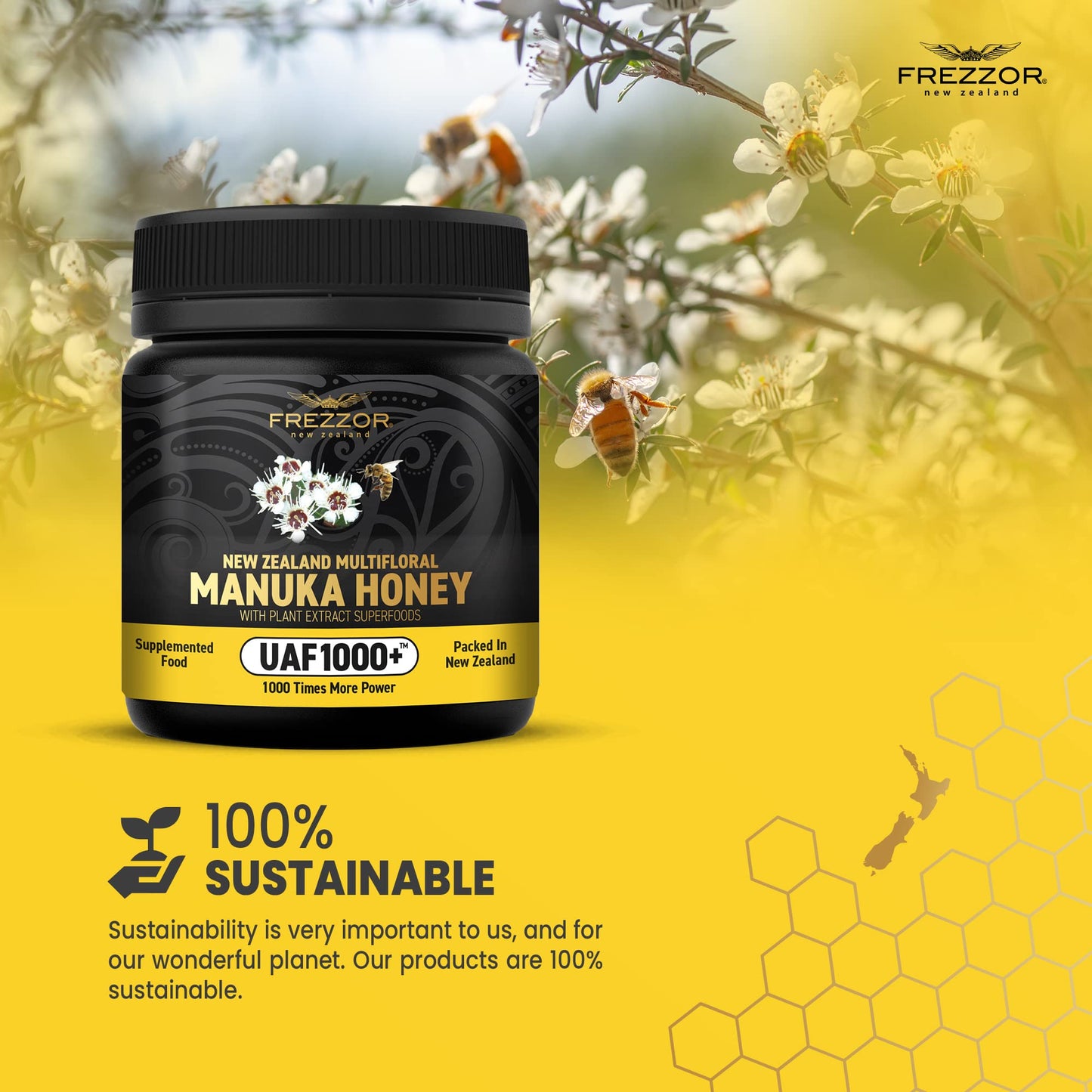 FREZZOR Premium New Zealand Raw Multifloral Manuka Honey with UAF1000+ Super Antioxidant, 230% More Bioactive, Best Support for Everyday Wellness, Antioxidant Superfood, 1 Jar (8.8oz/250g) - Medaid International