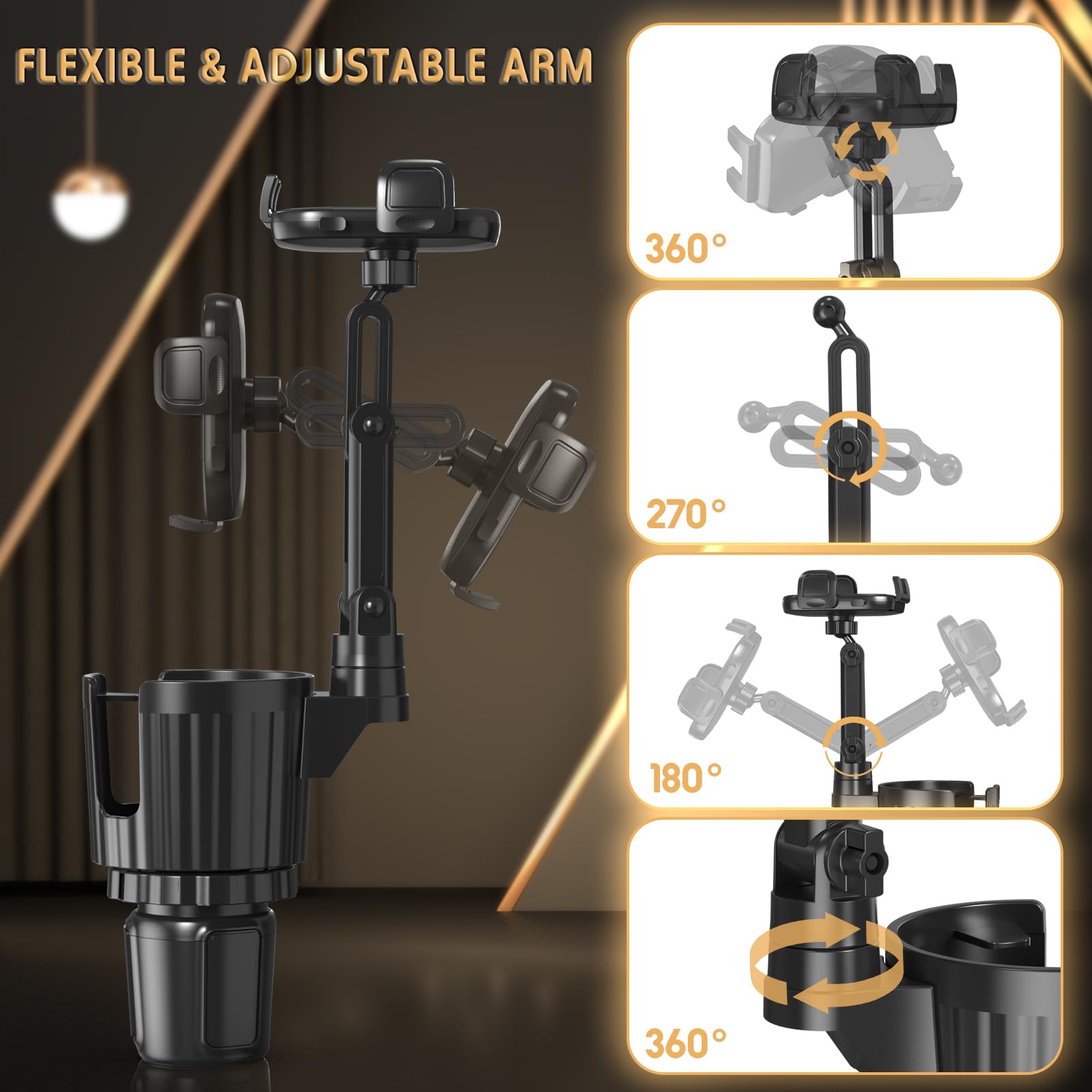 Phone Holders for Your Car, 2 in 1 Universal Cup Holder Expander Adjustable Base with Phone Mount, Long Arm with 360°Rotation Cup Holder Phones Mount for Car Compatible with All Smartphones - Medaid International