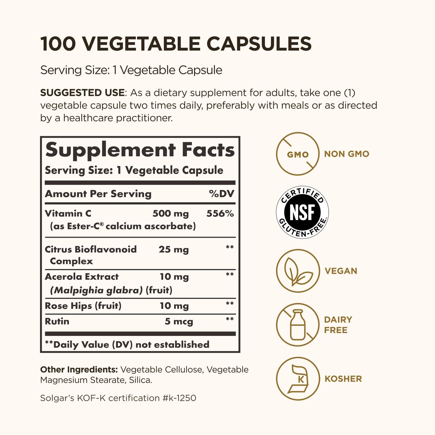 Solgar Ester-C Plus 500 mg Vitamin C (Ascorbate Complex), 100 Vegetable Capsules - Gentle & Non Acidic - Antioxidant & Immune Support - Non GMO, Vegan, Gluten Free, Kosher - 100 Servings - Medaid International