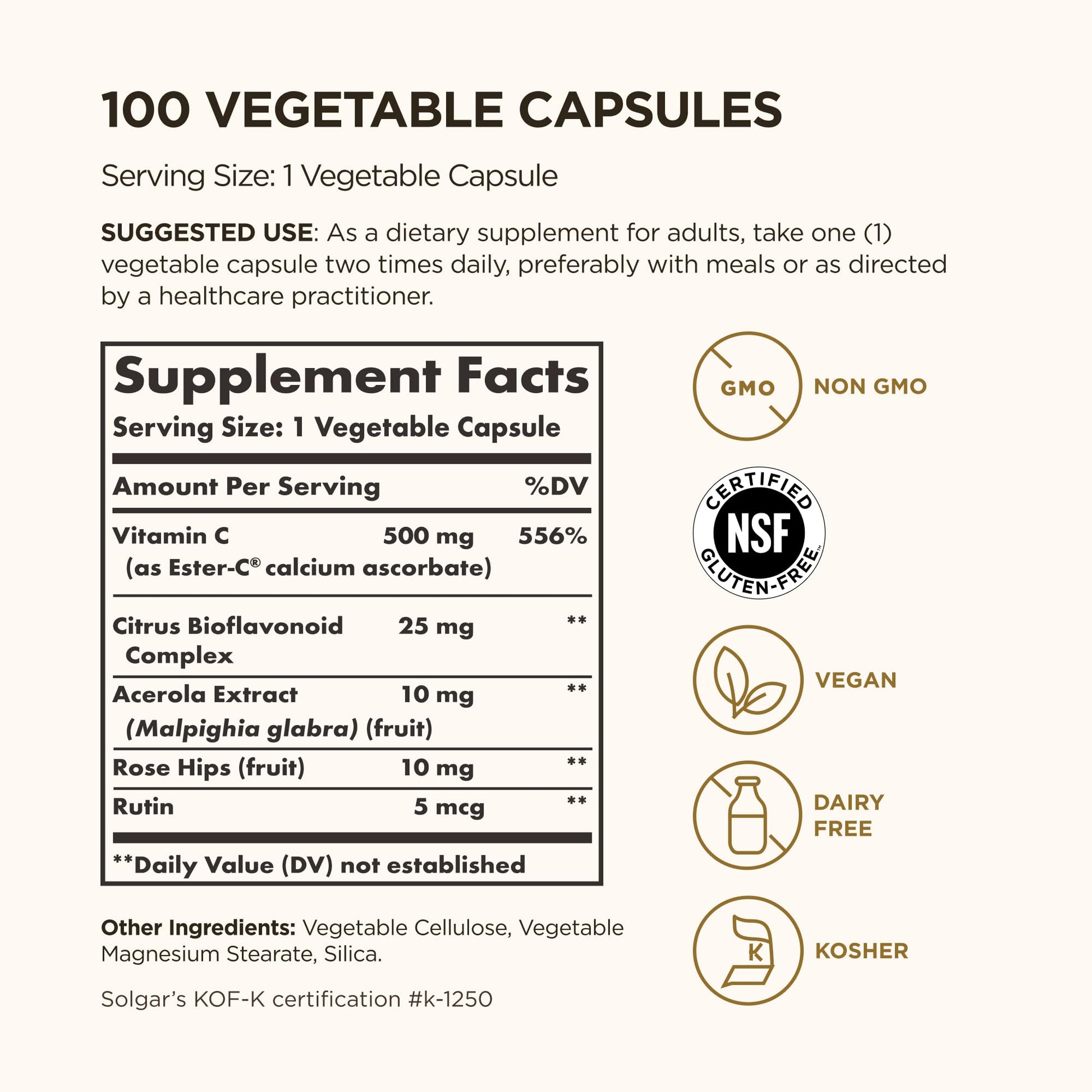 Solgar Ester-C Plus 500 mg Vitamin C (Ascorbate Complex), 100 Vegetable Capsules - Gentle & Non Acidic - Antioxidant & Immune Support - Non GMO, Vegan, Gluten Free, Kosher - 100 Servings - Medaid International