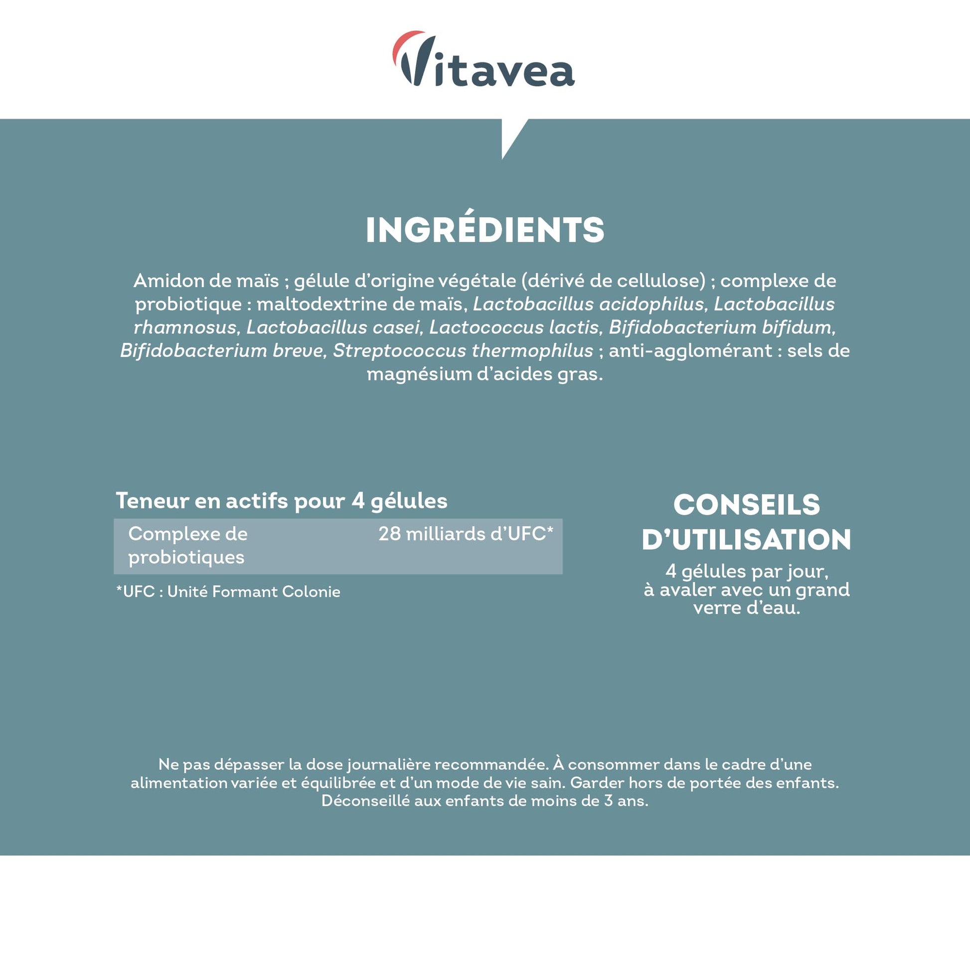 Probiotique Flore Intestinale - 7 souches dont Lactobacillus & Bifidobacterium - 28 Milliards d'UFC/jour - Transit & Microbiote Intestinal - 60 Gélules Végétales – Fabriqué en France - Vitavea - Medaid International