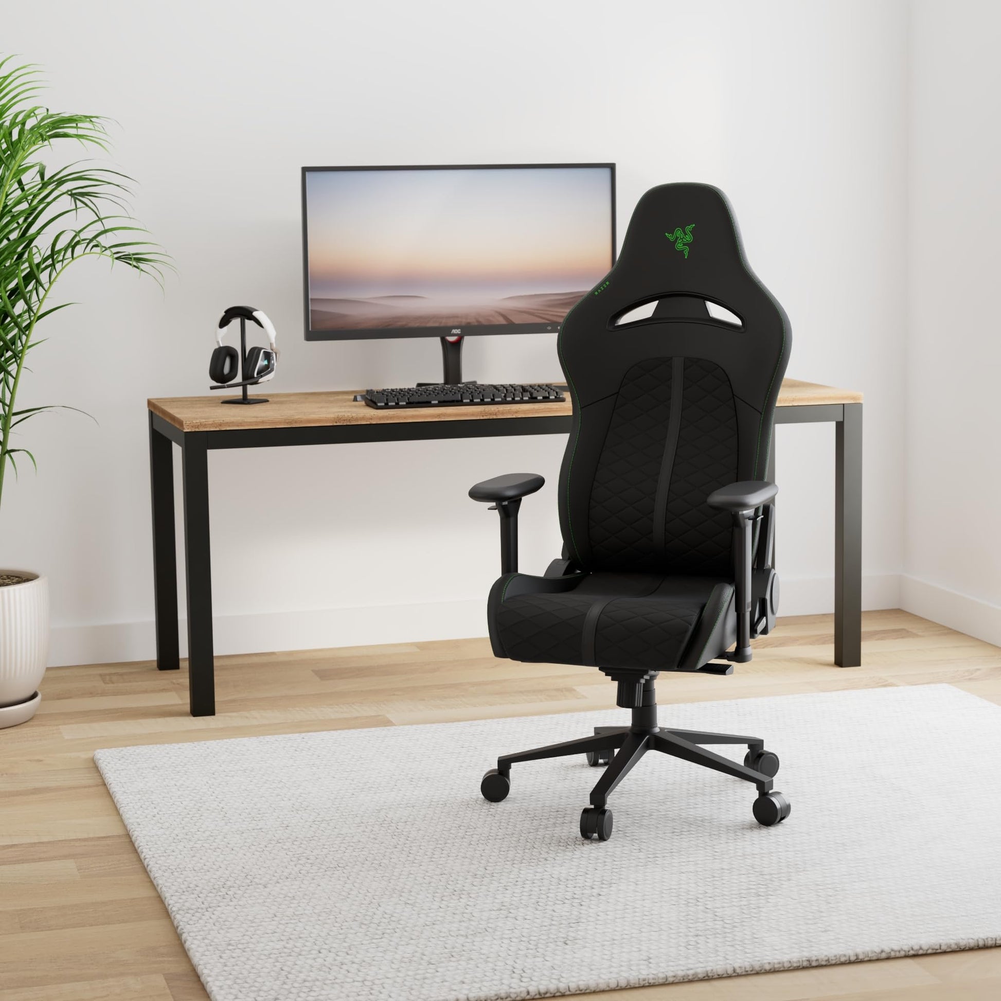 Razer Enki Gaming Chair: All-Day Comfort - Built-in Lumbar Arch - Optimized Cushion Density - Dual-Textured, Eco-Friendly Synthetic Leather - Reactive Seat Tilt & 152-Degree Recline - Black/Green - Medaid International