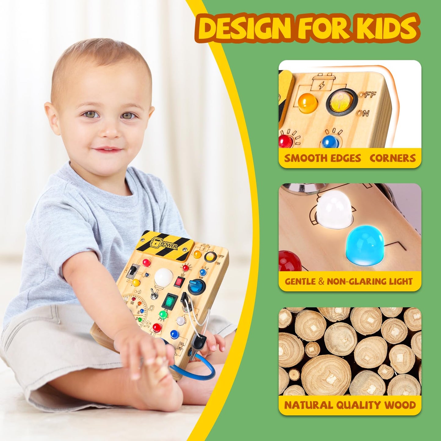 Iabedi Busy Board, Montessori Toy for 1-3 Years Old, Wooden Toddler Sensory Travel Toy, Ideal Gift for 1+ Year Old Boys (Busy Board Plus V2), Medium, Yellow - Medaid International