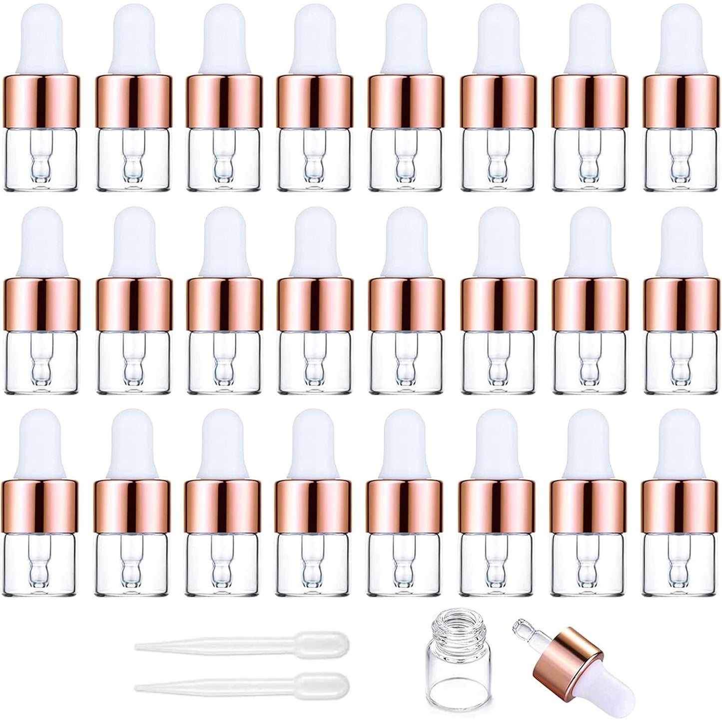 Yalbdopo 24Pcs, 1Ml Transparent Glass Sample Dropper Bottles, Empty Mini Bottles with Dropper Pipettes Gold Aluminum Alloy Cap Refillable Sample Container for Essential Oil Perfume Cosmetic Liquid - Medaid - Lebanon