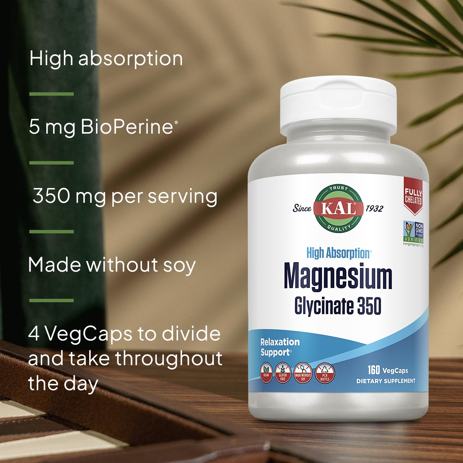 KAL Magnesium Glycinate Capsules, Fully Chelated Magnesium Bisglycinate, High Absorption Magnesium Supplement, Healthy Bones, Muscle, Relaxation and Stress Support, Non-GMO 160 count - Medaid International