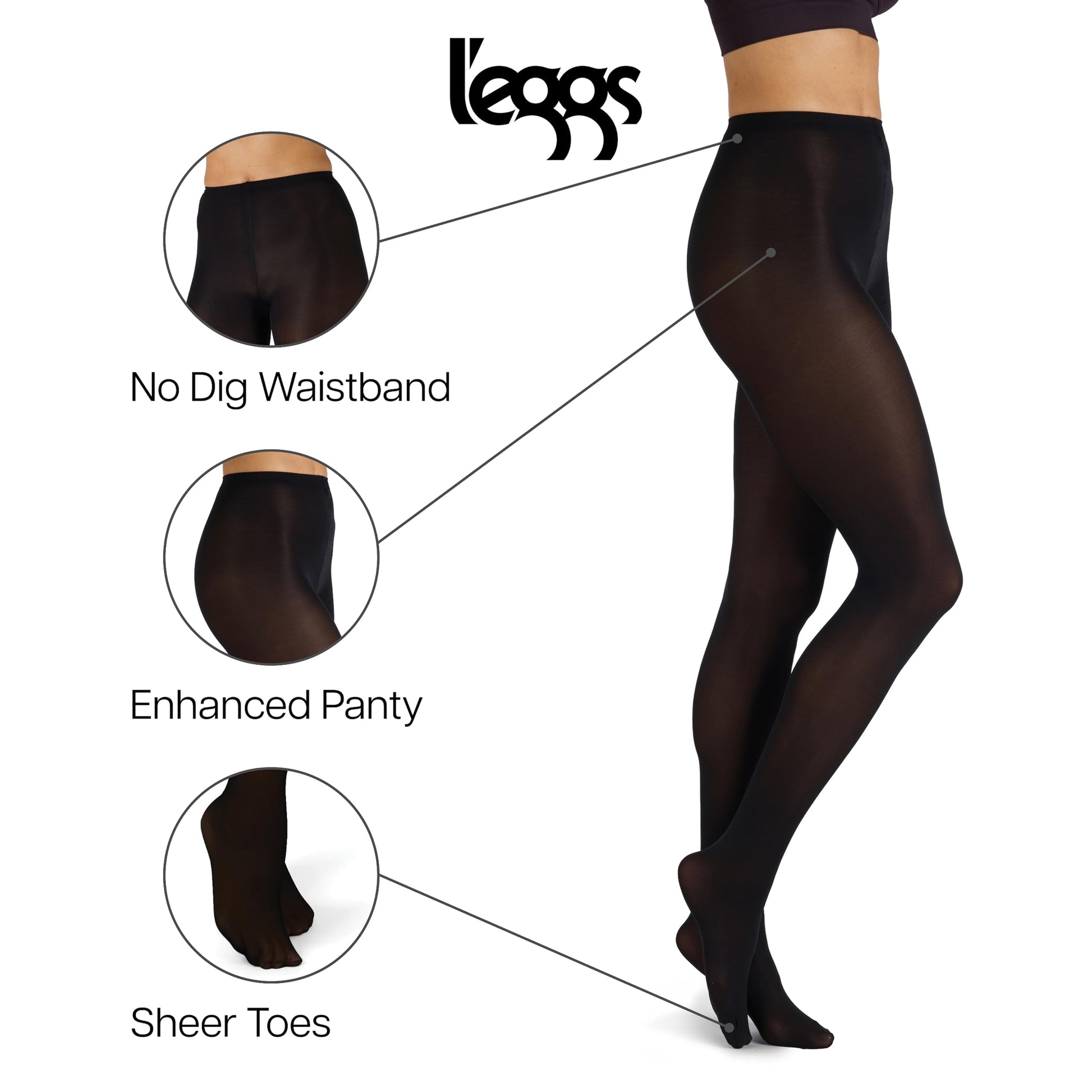 L'eggs Casual Women's Opaque Tights, Same to Waist, Sheer Toe, Black, Size Large (Pack of 1) - Medaid International