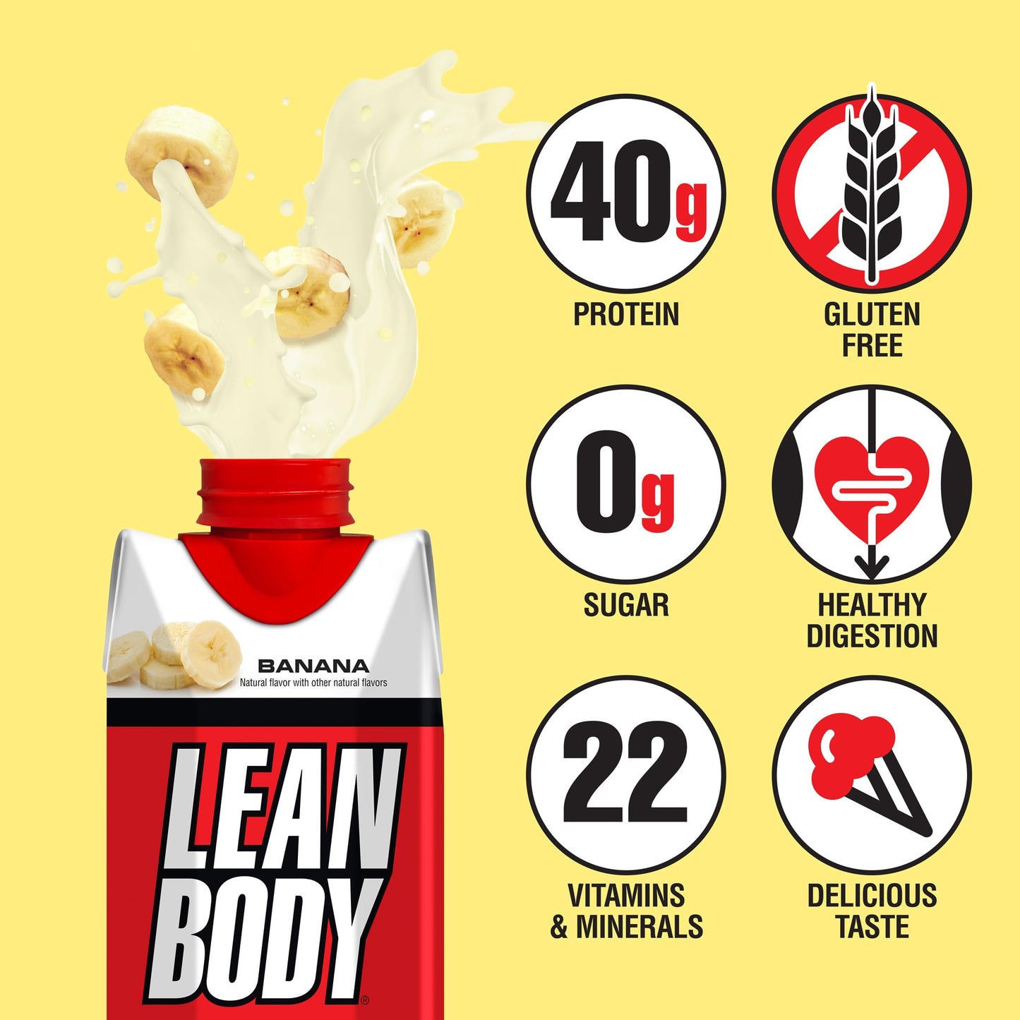 Lean Body Ready-to-Drink Banana Protein Shake, 40g Protein, Whey Blend, 0 Sugar, Gluten Free, 22 Vitamins & Minerals, 17 Ounce (Recyclable Carton & Lid - Pack of 12) LABRADA - Medaid International