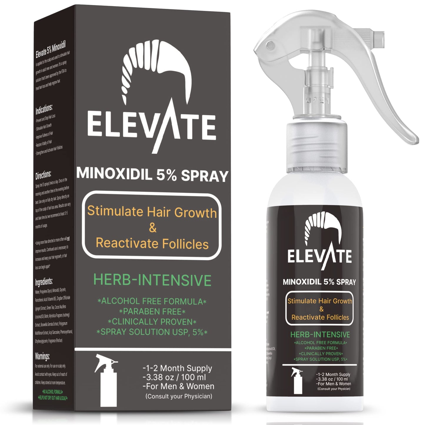 ELEVATE 5% Minoxidil Hair Growth Spray - Alcohol Free Non Oily Formula Extra Strength Professional Treatment for Hair Loss/Regrowth - Stimulate Hair Follicles for Men & Women - 1 Month Supply - Medaid International