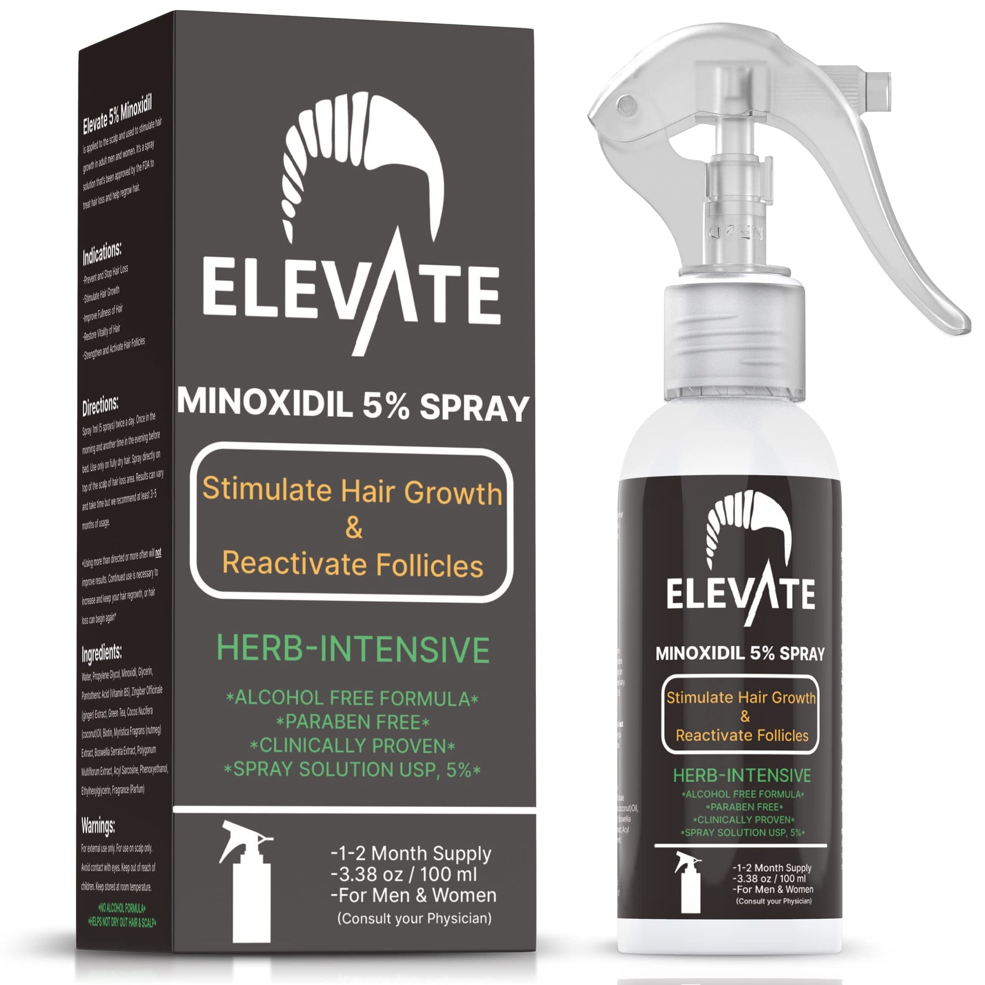 ELEVATE 5% Minoxidil Hair Growth Spray - Alcohol Free Non Oily Formula Extra Strength Professional Treatment for Hair Loss/Regrowth - Stimulate Hair Follicles for Men & Women - 1 Month Supply - Medaid International