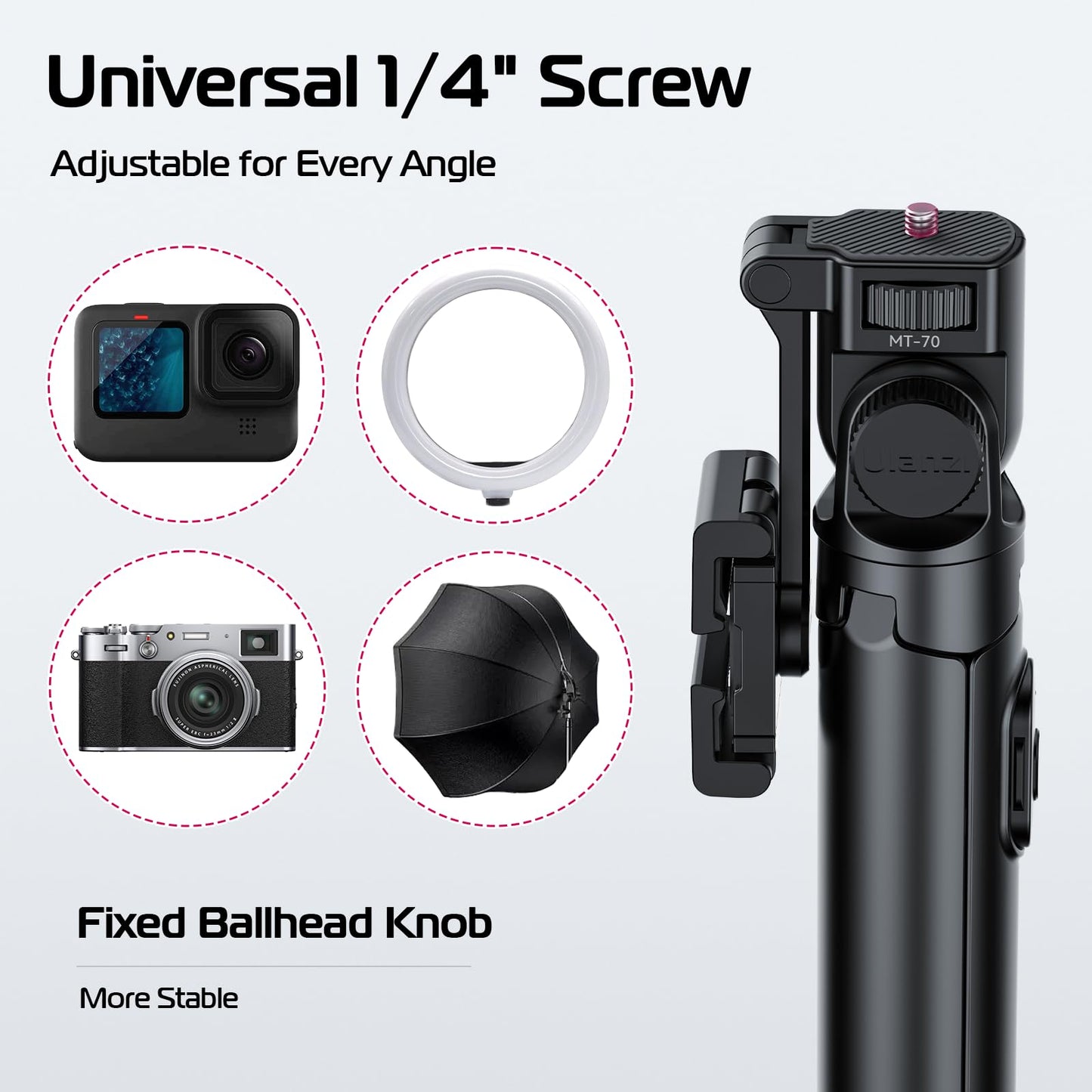 ULANZI MT-70 Extendable Tripod, 63" Selfie Stick Vlog Tripod Stand with 2 Phone Clips as Teleprompter, 360° Rotate Camera Holder for iPhone, Sony, Canon, DJI Osmo Nano, Lightweight for Travel, Black - Medaid International