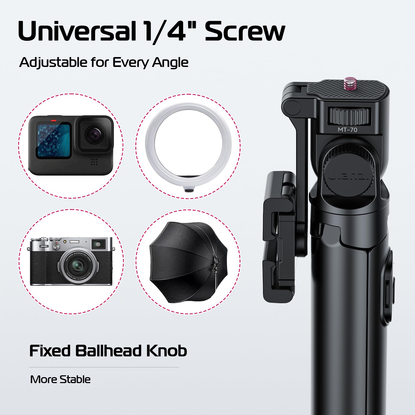 ULANZI MT-70 Extendable Tripod, 63" Selfie Stick Vlog Tripod Stand with 2 Phone Clips as Teleprompter, 360° Rotate Camera Holder for iPhone, Sony, Canon, DJI Osmo Nano, Lightweight for Travel, Black - Medaid International