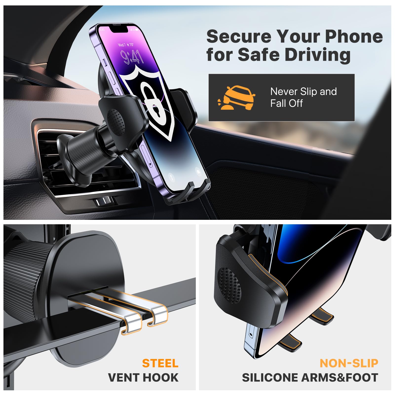 Miracase Phone Holders for Your Car with Metal Hook Clip, Air Vent Cell Phone Stand Car Mount, Universal Automobile Cradle for Garmin GPS Fit iPhone Android and All Smartphones, Dark Black - Medaid International