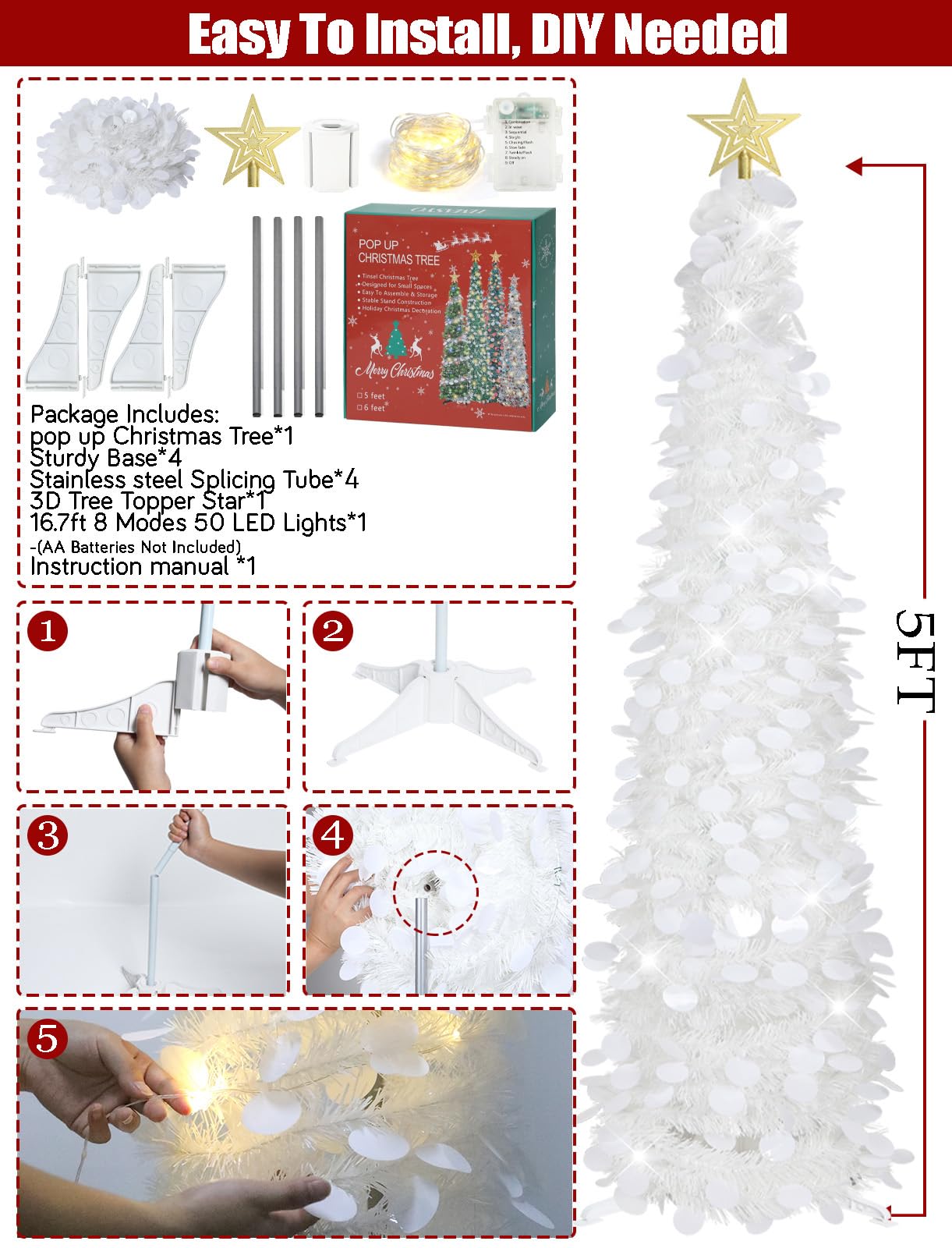 HMASYO 5 FT Pop Up Christmas Tree with Timer Lights, White Christmas Tinsel Tree, Collapsible Artificial Pencil Christmas Tree for Indoor Home Apartment Porch Holiday Party Decorations - Medaid International