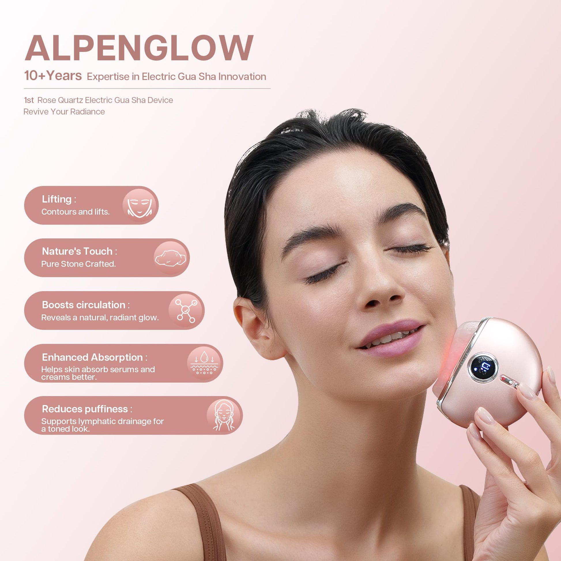 VRAIKO AlpenGlow Electric Gua Sha Device, Rose Quartz Gua Sha Facial Tools with Heat and Vibration, Gua Sha Face Massager for Lymphatic Drainage, Lift, Puffiness, Rejuvenation Natural Glow (Rose Gold) - Medaid International