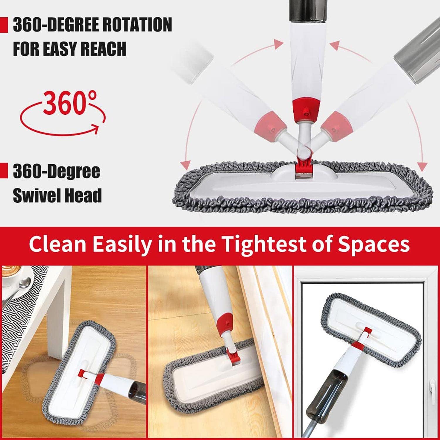 Spray Mops for Floor Cleaning, Microfiber Spray Cleaning Mop Kit with 3 Reusable Washable Pads 700ML Refillable Bottle and Scrubber Flat Mop with 360 Degree Swivel Head for Hardwood Laminate (Grey) - Medaid International