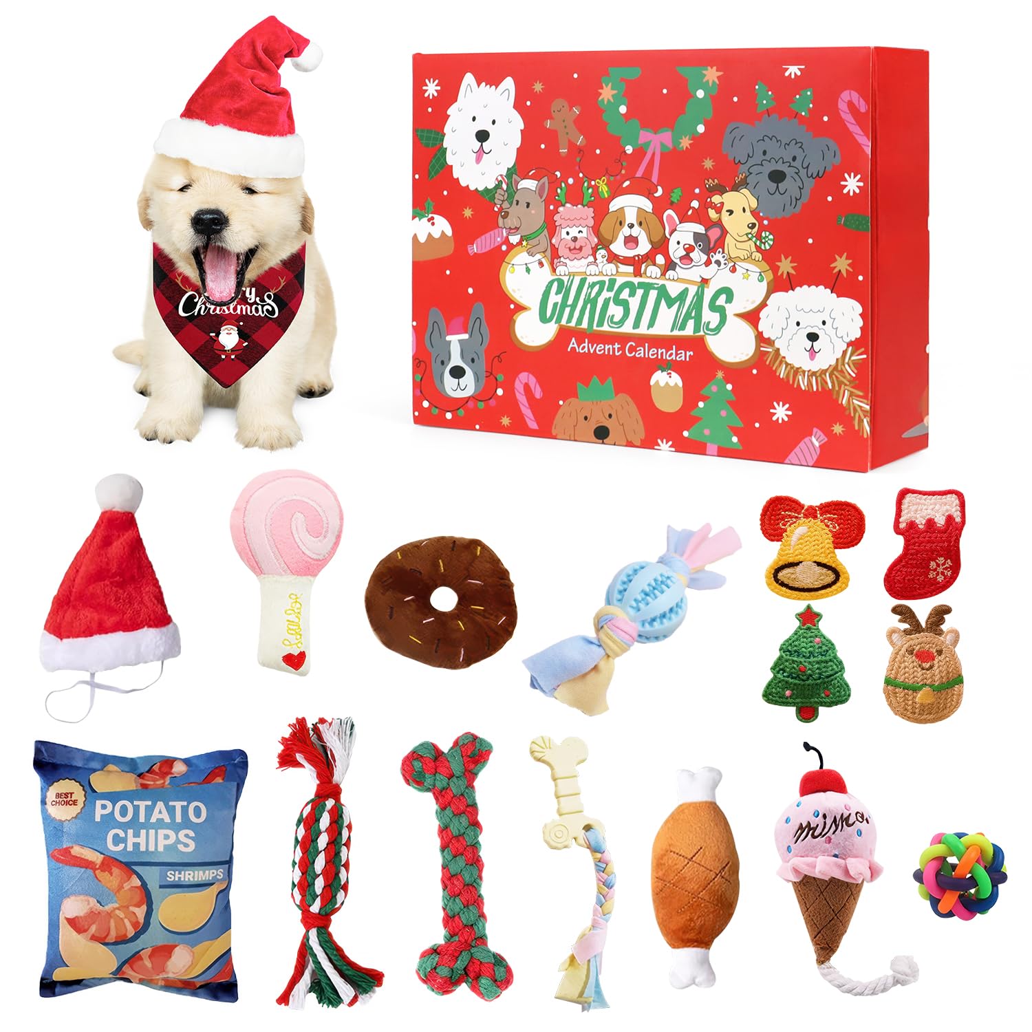 Dog Advent Calendar 2025, 12 Days Pet Toy Christmas Countdown Calendar with Chew Ropes Toys Squeaky Balls Teething Toys for Xmas Small Puppy - Medaid International